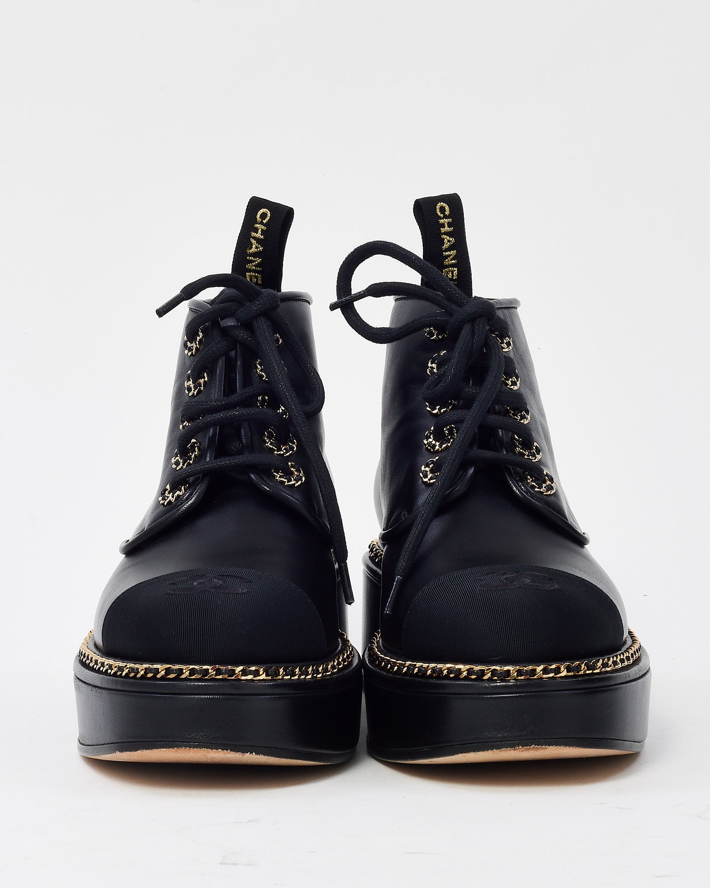 Chanel Black Calfskin Leather and Grosgrain CC Logo Gold Chainlink Derbies Gavroche Boots - 37