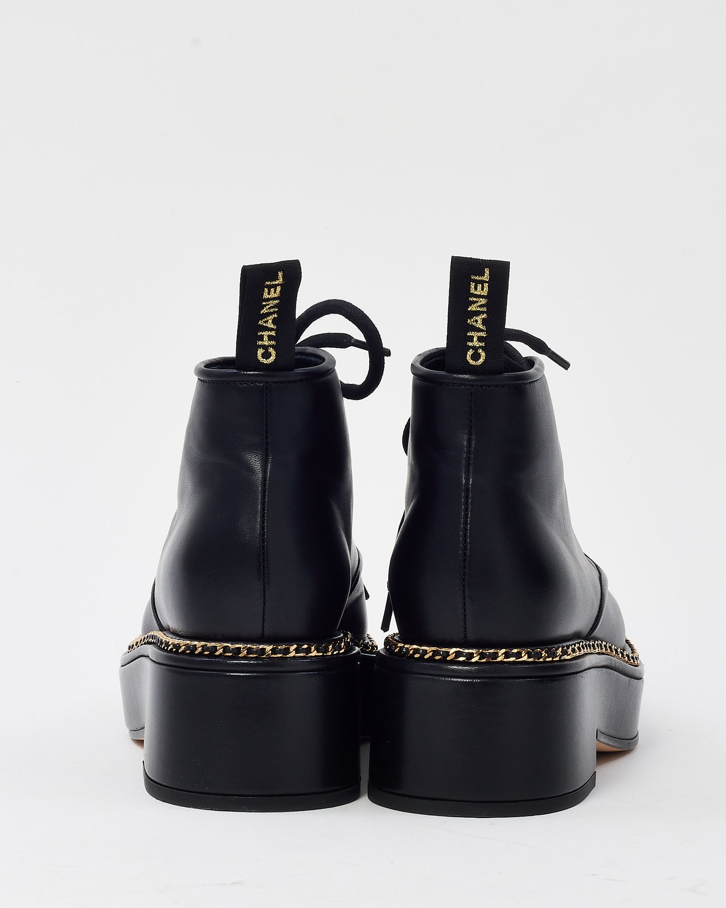 Chanel Black Calfskin Leather and Grosgrain CC Logo Gold Chainlink Derbies Gavroche Boots - 37