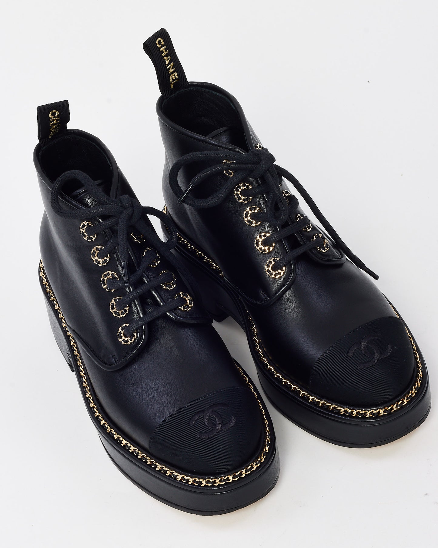 Chanel Black Calfskin Leather and Grosgrain CC Logo Gold Chainlink Derbies Gavroche Boots - 37
