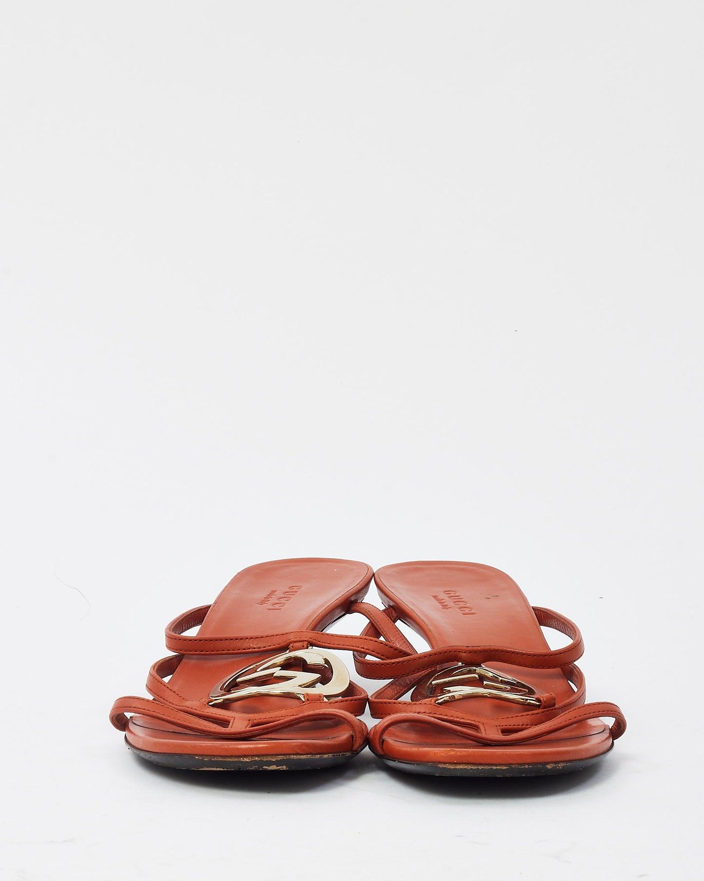 Gucci Vintage Orange Leather Strappy GG Heart Logo Kitten Heels - 35