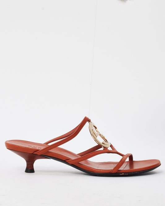 Gucci Vintage Orange Leather Strappy GG Heart Logo Kitten Heels - 35