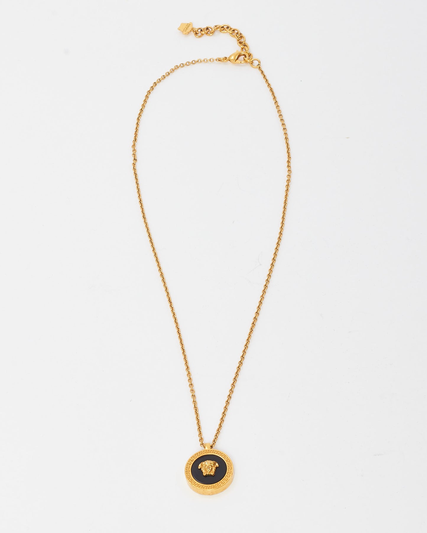 Versace Gold Metal and Black Medusa Head Circle Pendant Necklace