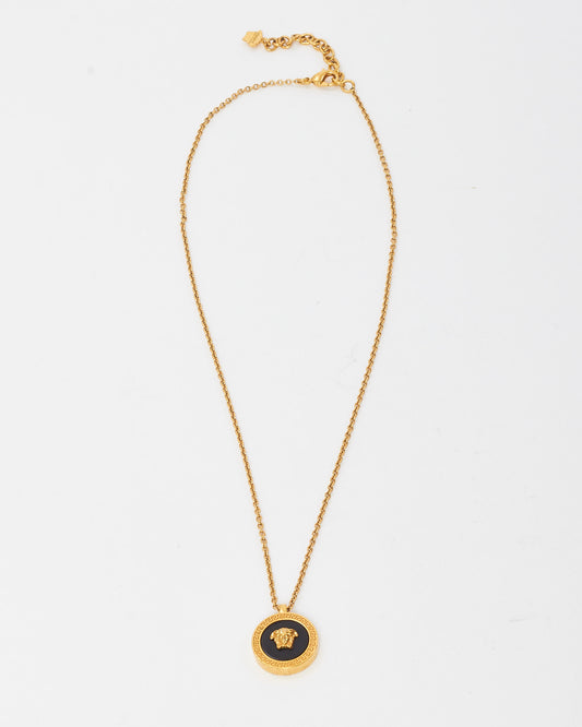 Versace Gold Metal and Black Medusa Head Circle Pendant Necklace