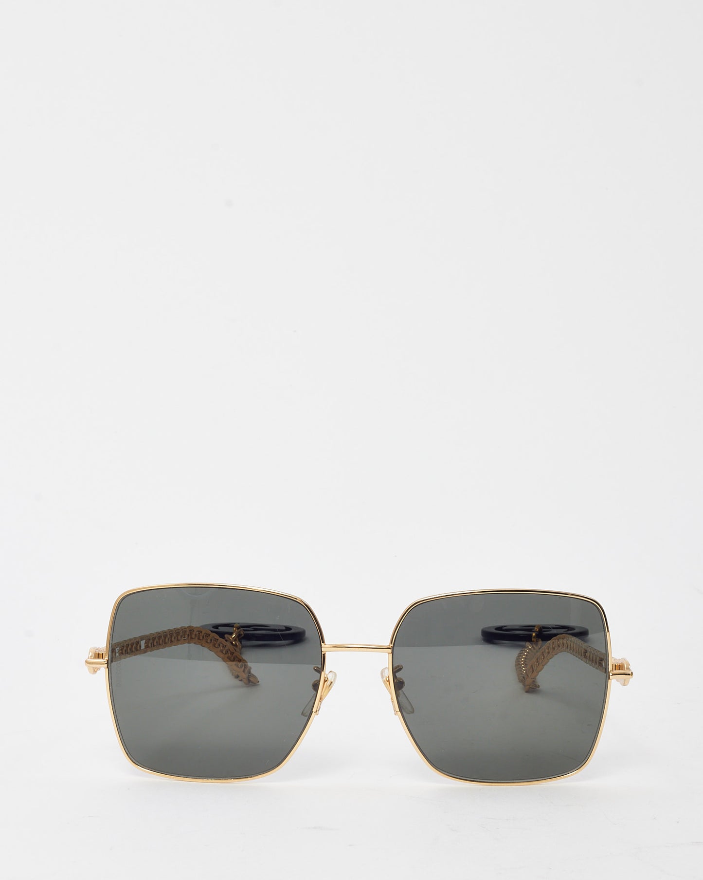 Gucci Gold Metal Oversize Square GG0724S Sunglasses with Chain GG Logo Charms
