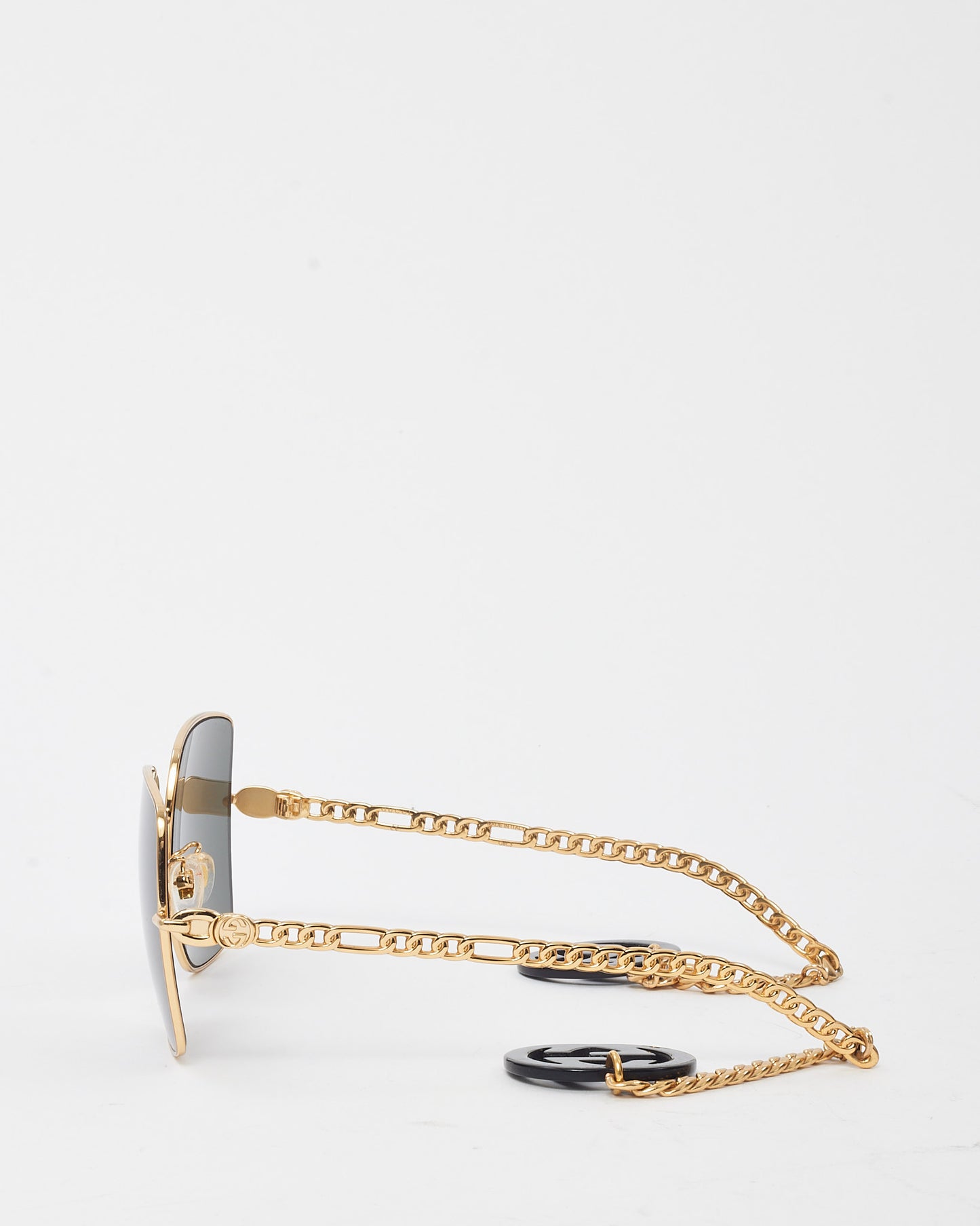 Gucci Gold Metal Oversize Square GG0724S Sunglasses with Chain GG Logo Charms