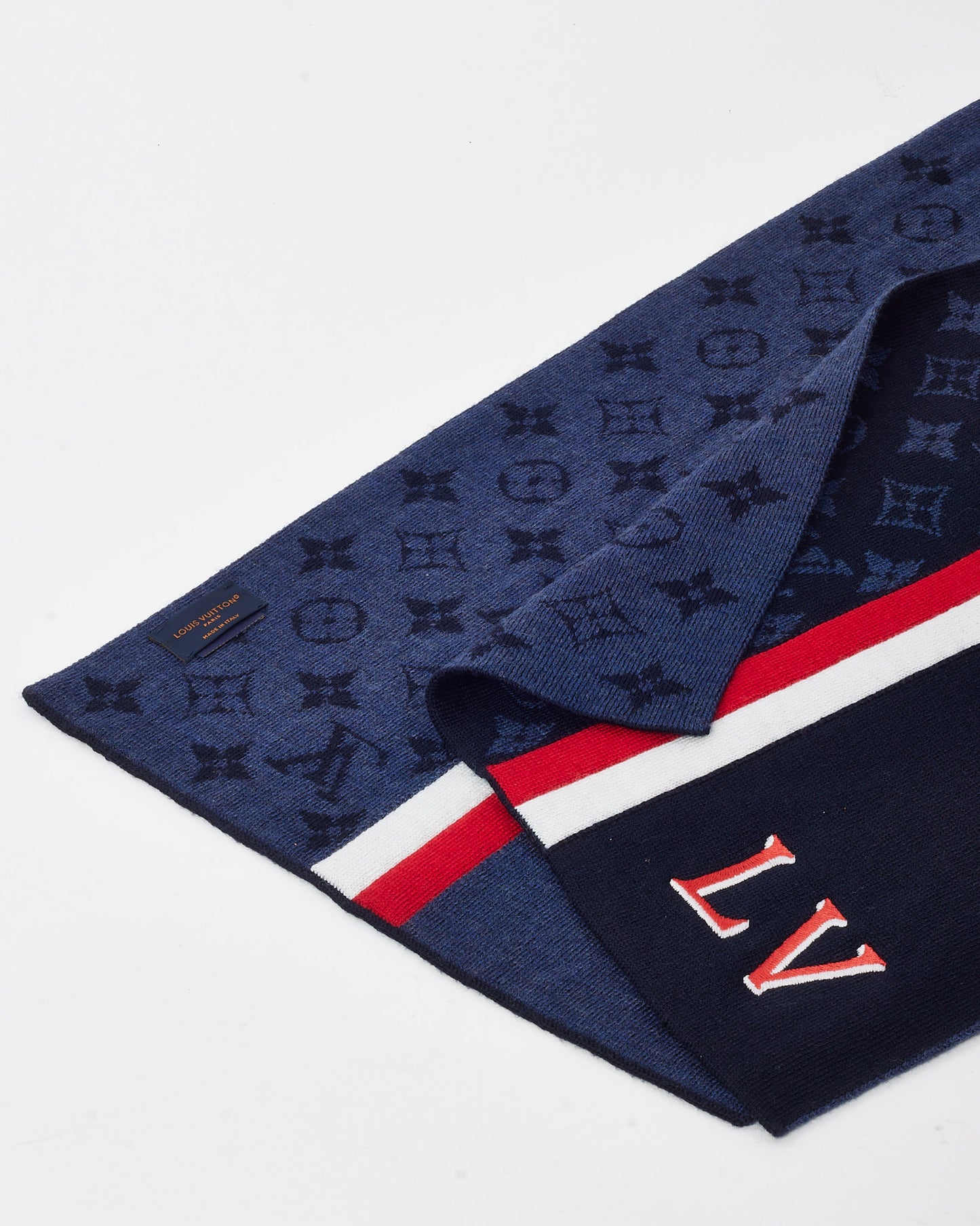 Louis Vuitton Navy Monogram Wool Varsity Muffler Scarf