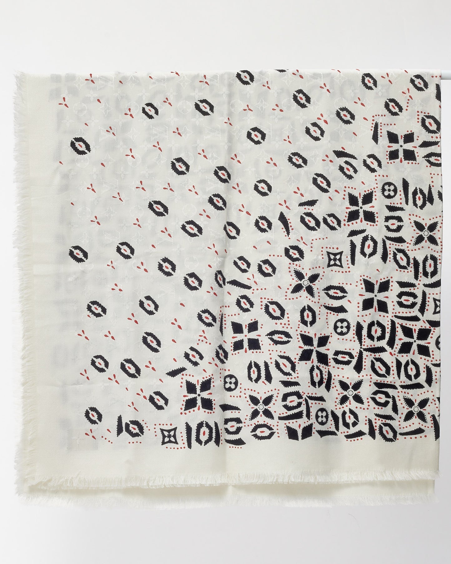 Louis Vuitton White/Black/Red Graphic Print and Monogram Wool/Silk Shawl Scarf