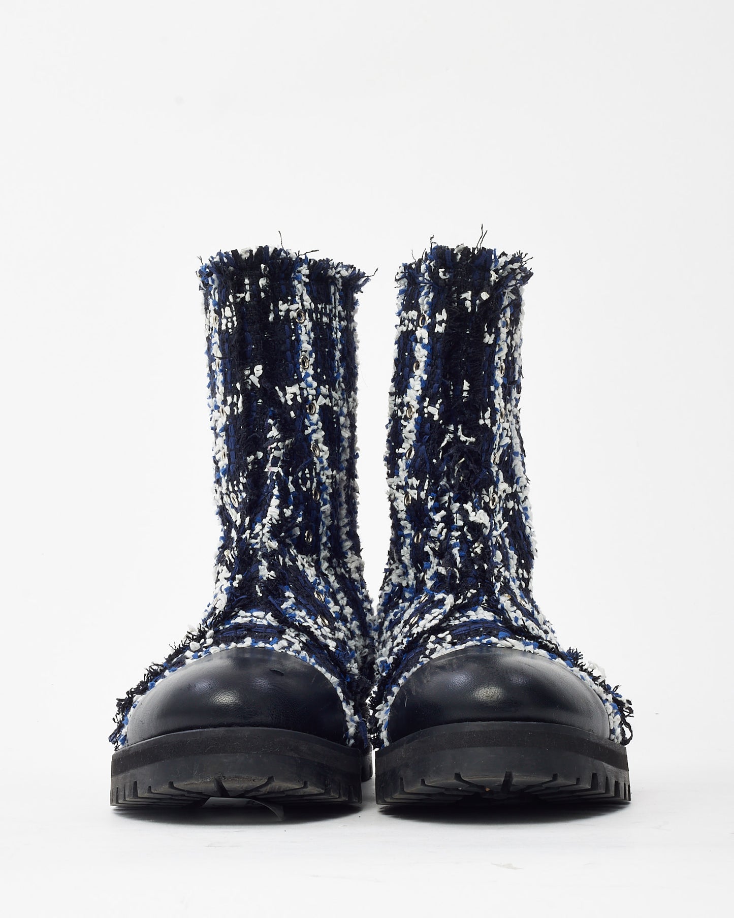 Jimmy Choo Black and White Tweed Printed Zip Up Combat Boots - 36.5