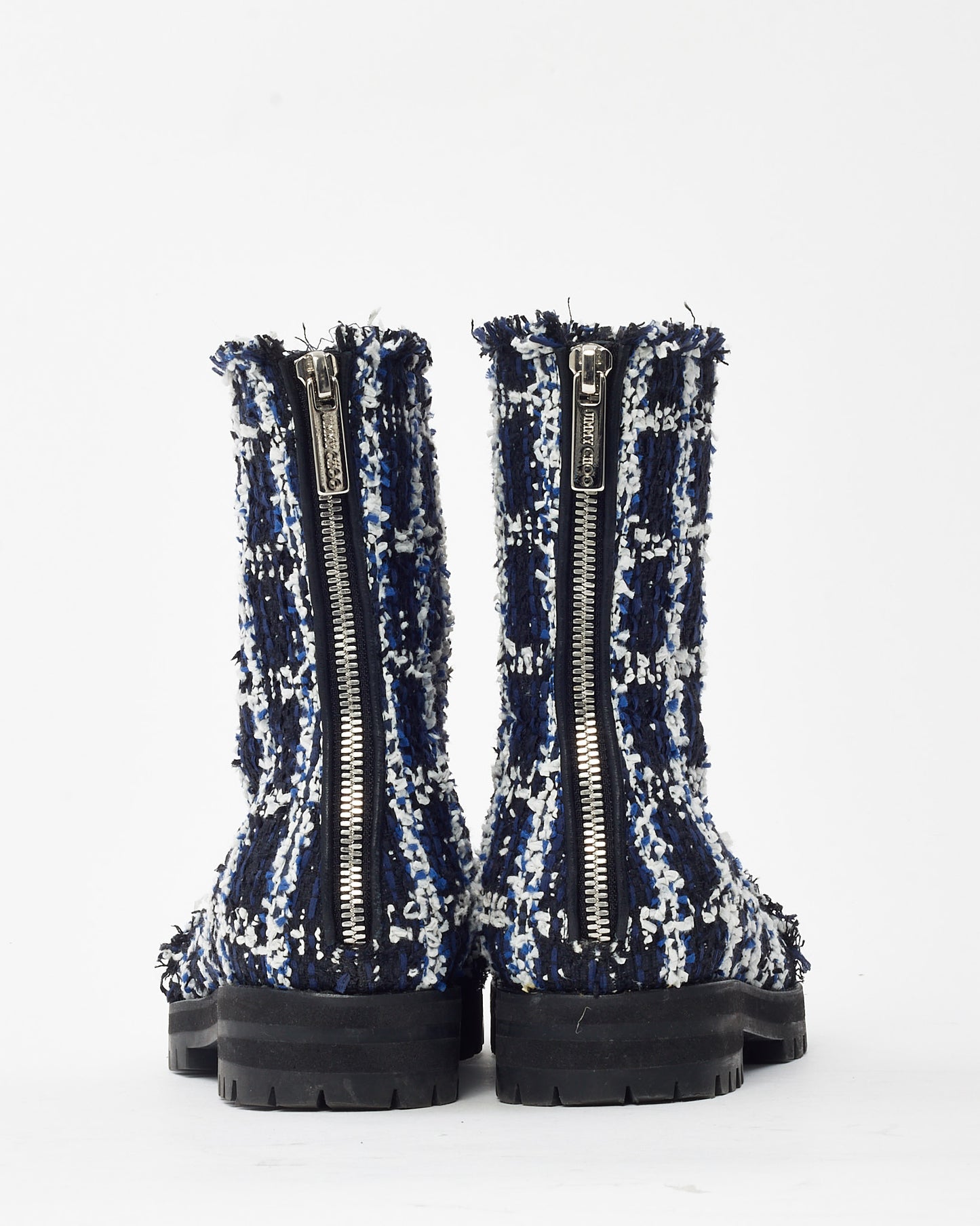 Jimmy Choo Black and White Tweed Printed Zip Up Combat Boots - 36.5