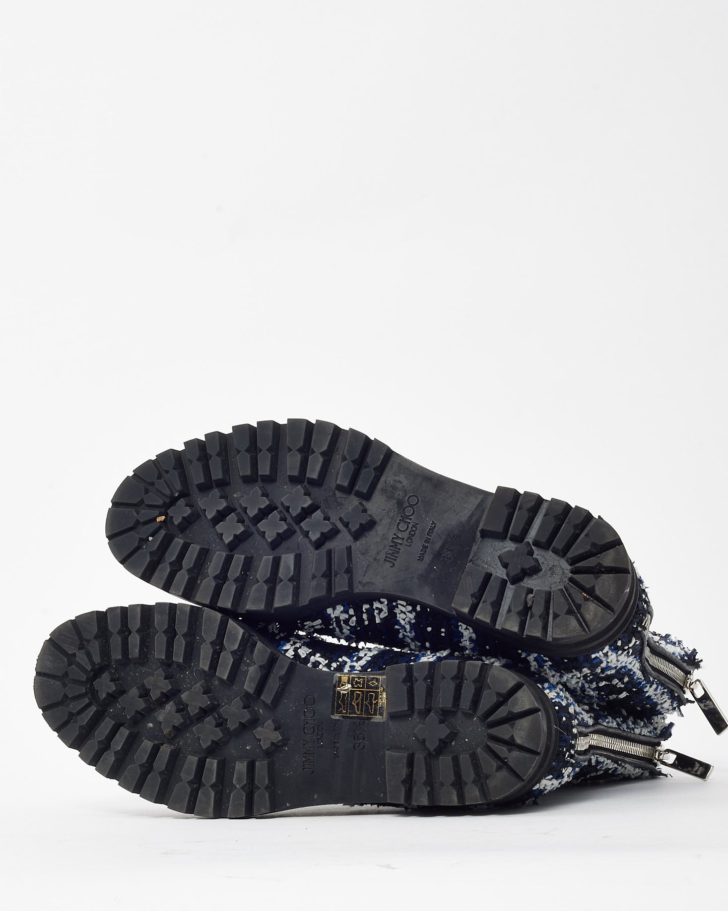 Jimmy Choo Black and White Tweed Printed Zip Up Combat Boots - 36.5