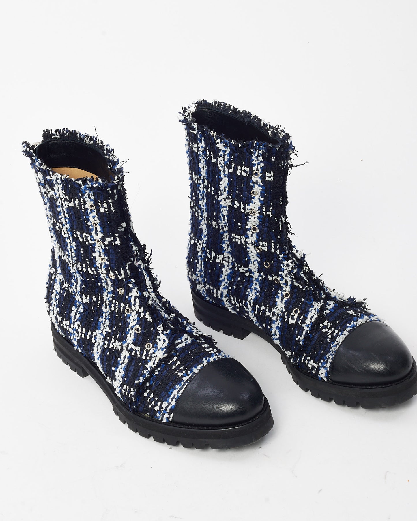 Jimmy Choo Black and White Tweed Printed Zip Up Combat Boots - 36.5