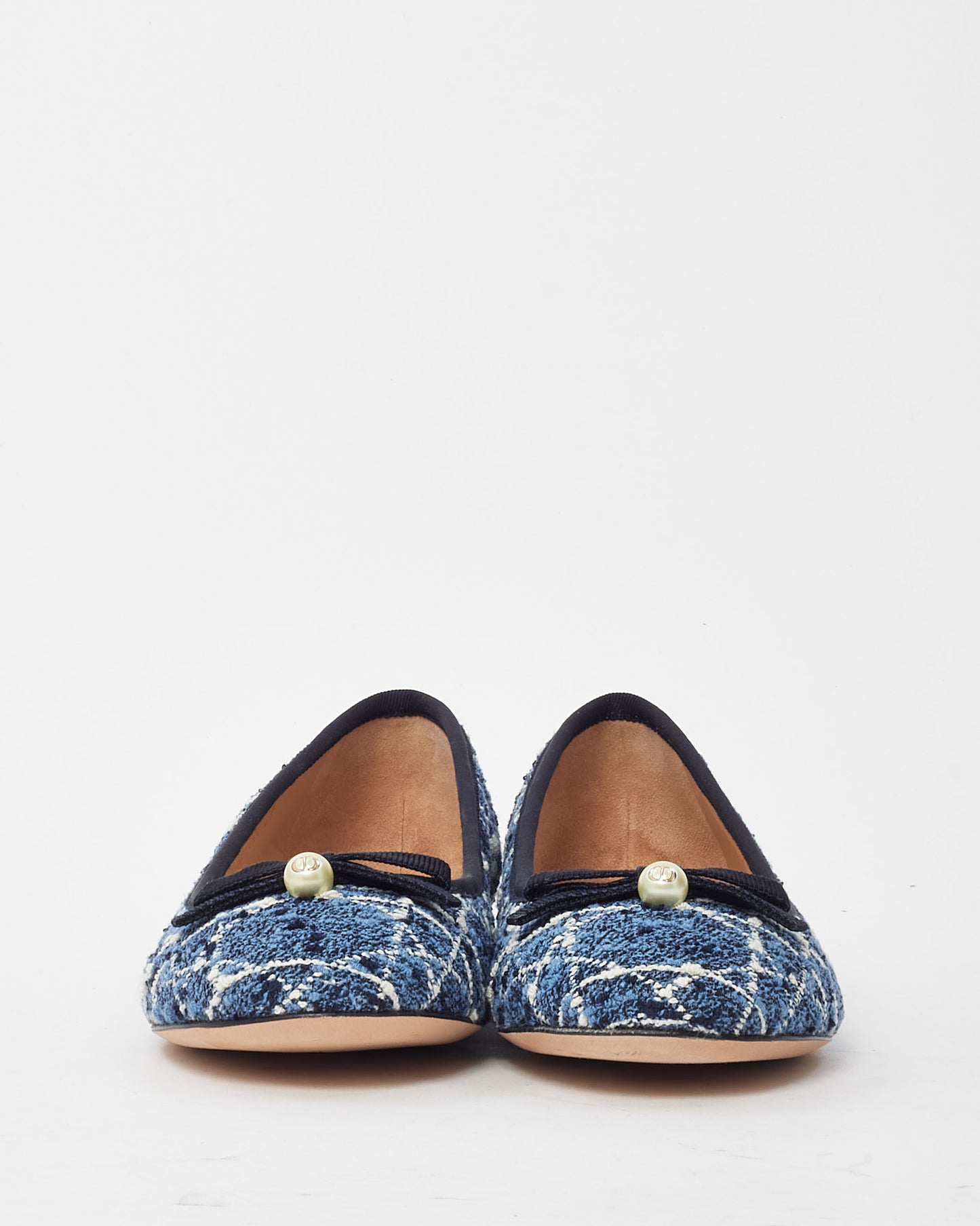 Dior Blue Denim and White Cannage Tweed Pearl Bow Ballet Flats - 38