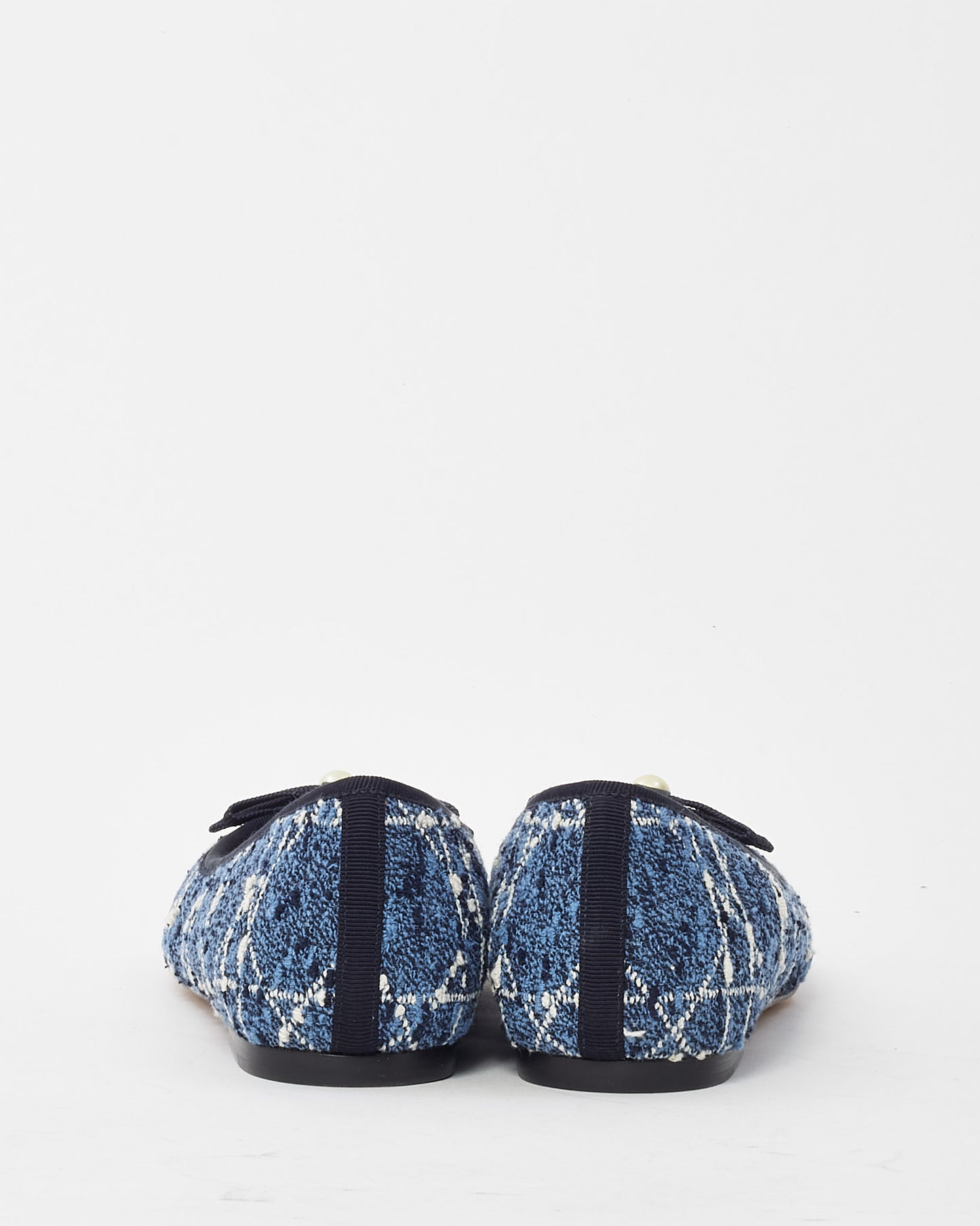 Dior Blue Denim and White Cannage Tweed Pearl Bow Ballet Flats - 38