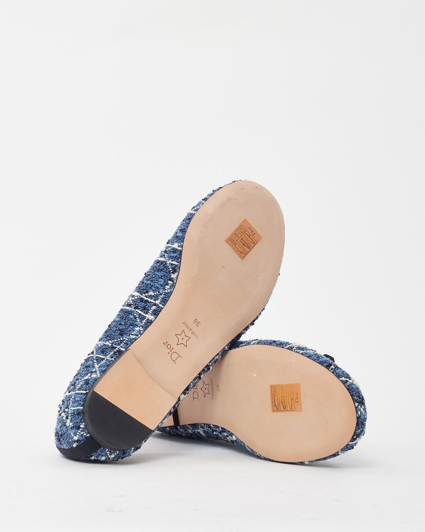 Dior Blue Denim and White Cannage Tweed Pearl Bow Ballet Flats - 38