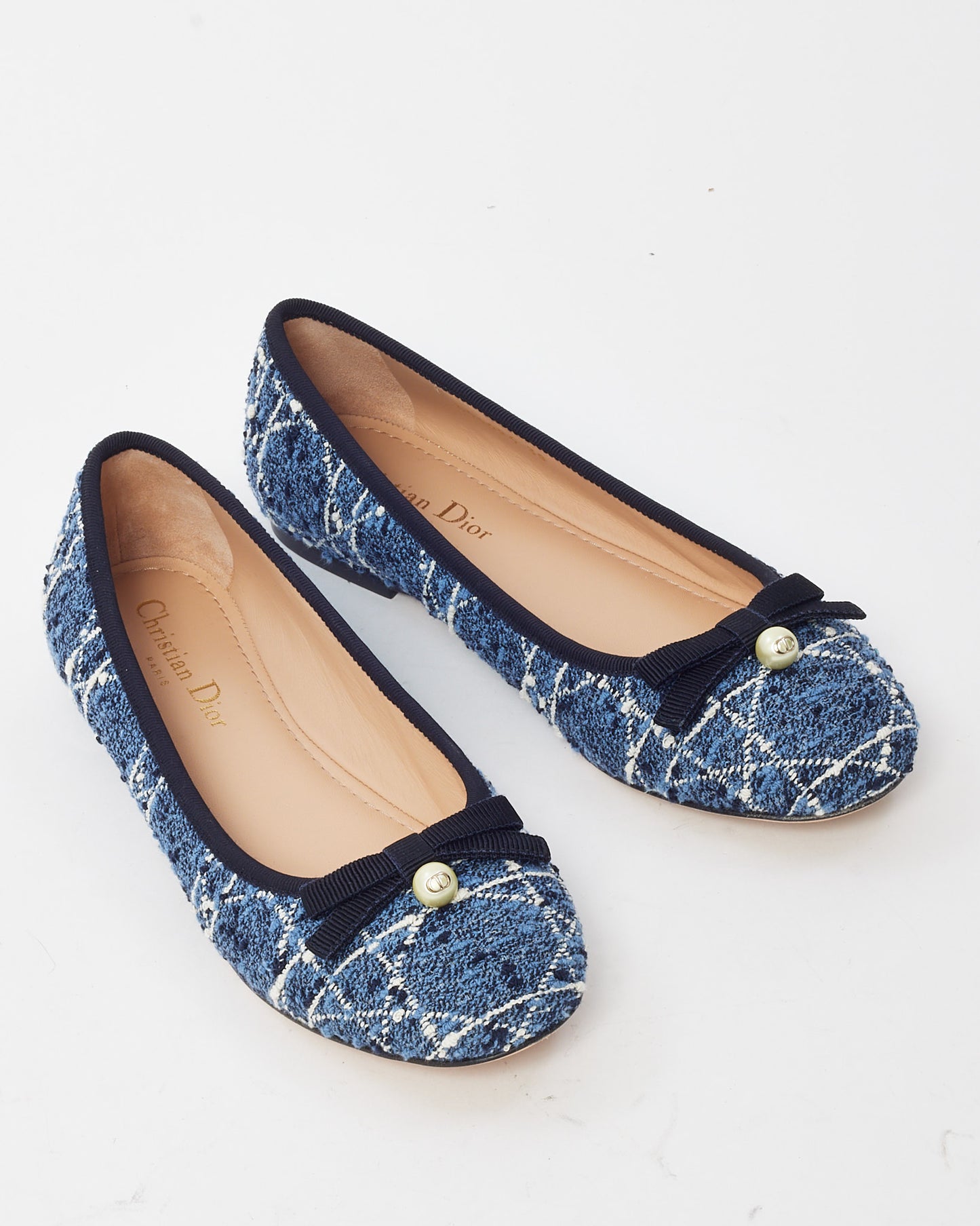Dior Blue Denim and White Cannage Tweed Pearl Bow Ballet Flats - 38