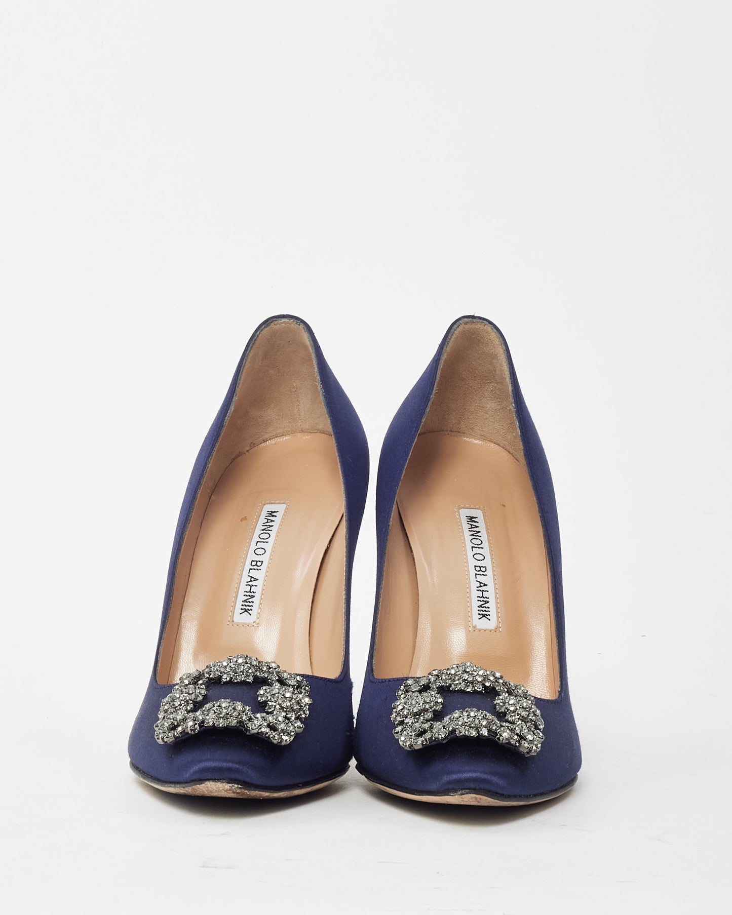 Manolo Blahnik Navy Satin Jewel Buckle Hangisi Pumps - 37