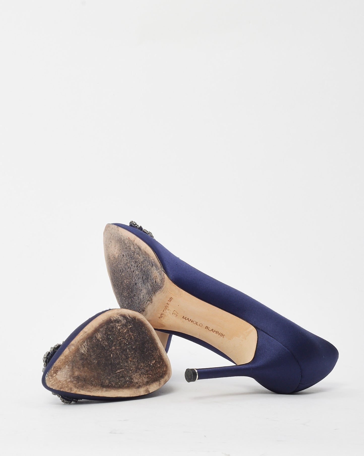 Manolo Blahnik Navy Satin Jewel Buckle Hangisi Pumps - 37