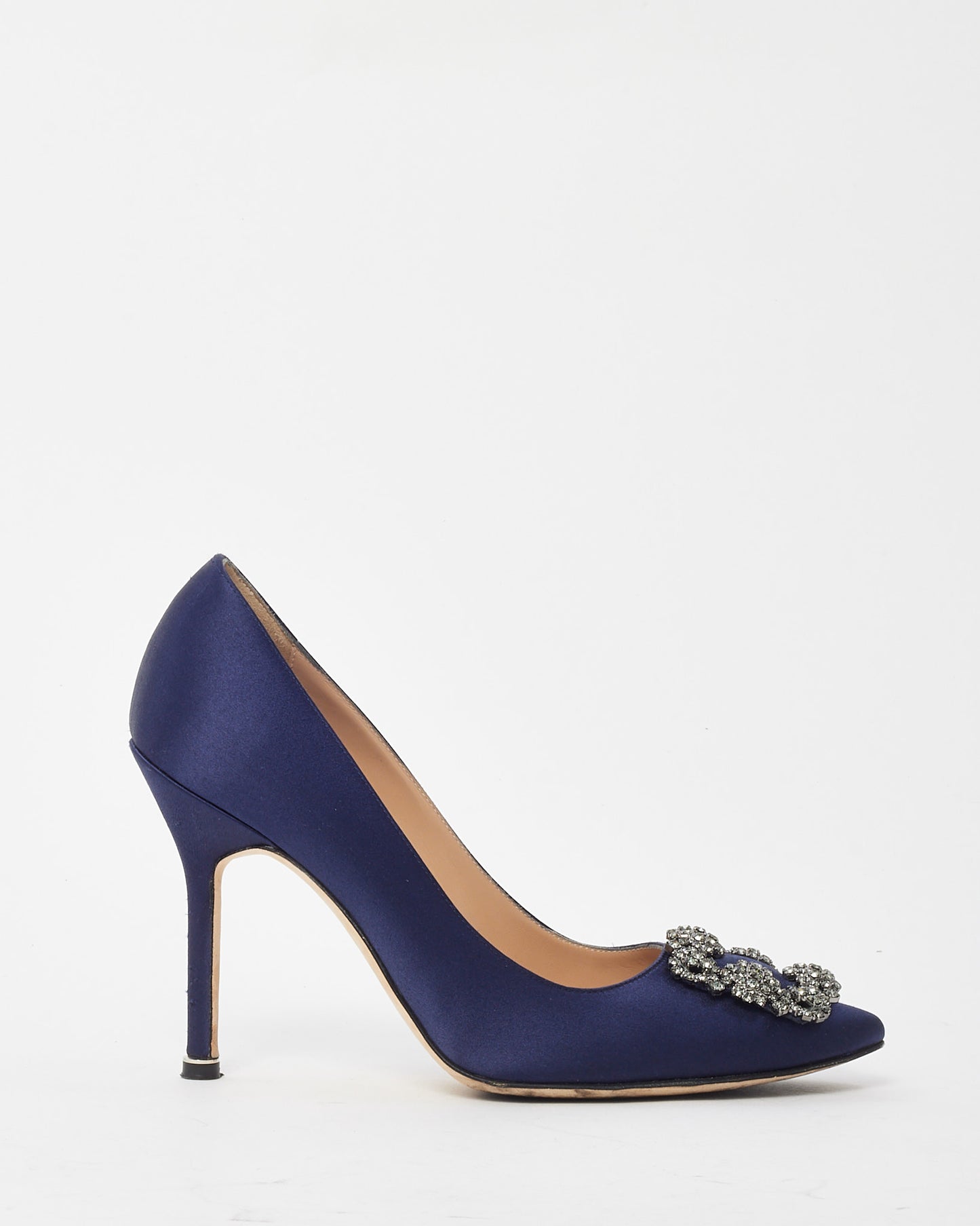 Manolo Blahnik Navy Satin Jewel Buckle Hangisi Pumps - 37