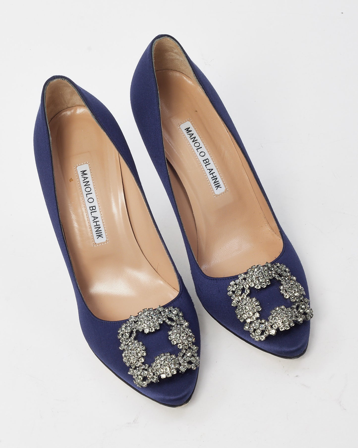 Manolo Blahnik Navy Satin Jewel Buckle Hangisi Pumps - 37