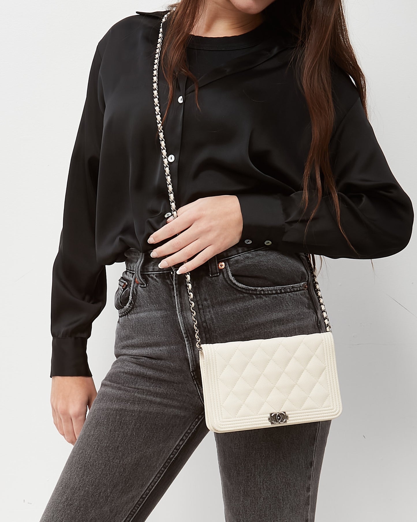 Chanel White Caviar Leather Boy WOC Wallet on Chain Crossbody Bag SHW
