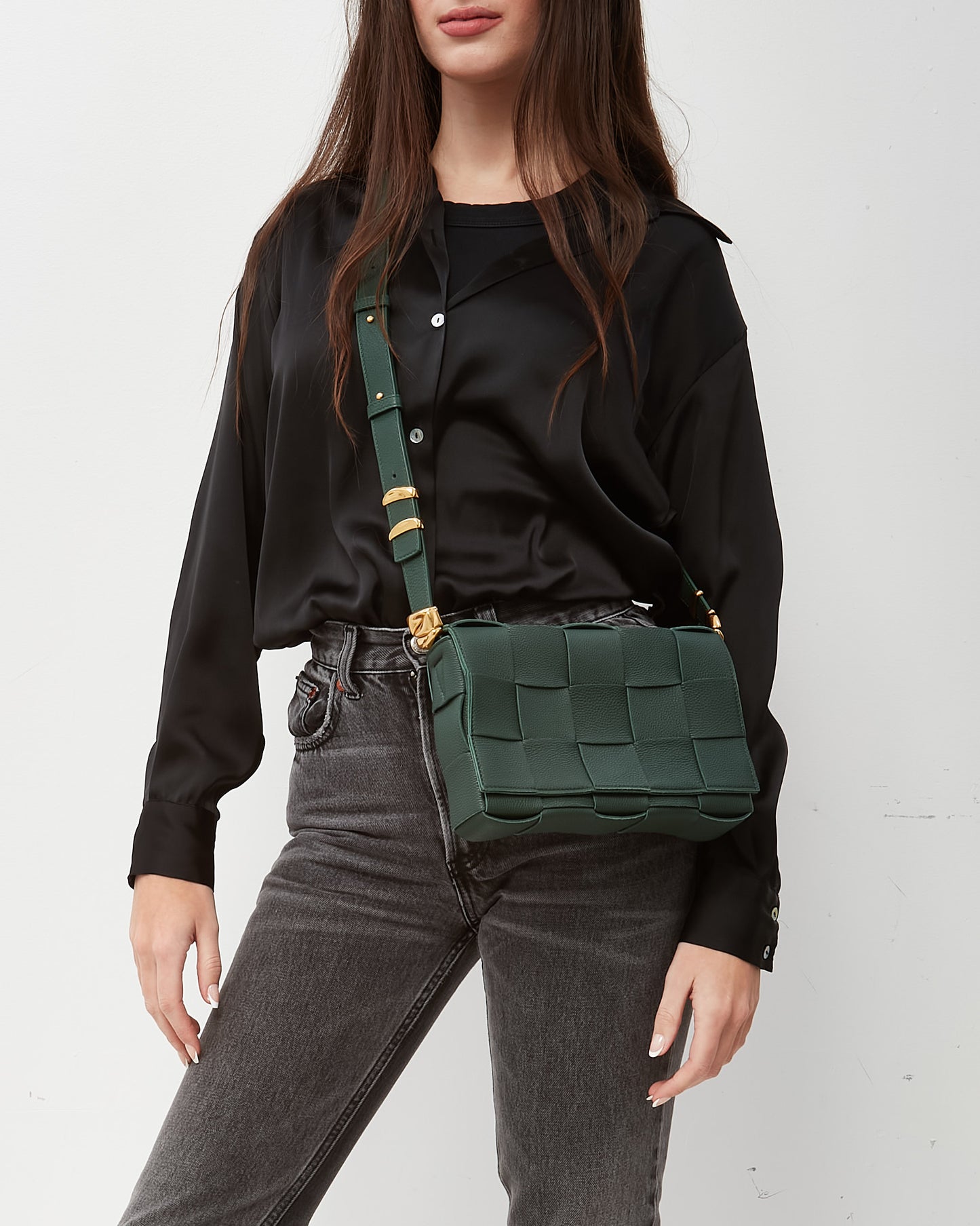 Bottega Veneta Green Intrecciato Leather Gold Accents Casette Bag