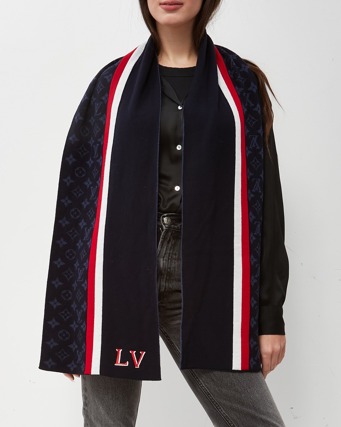 Louis Vuitton Navy Monogram Wool Varsity Muffler Scarf