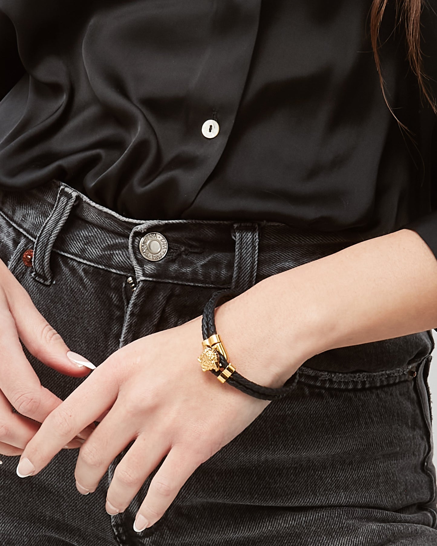 Versace Black Leather and Gold La Medusa Bracelet