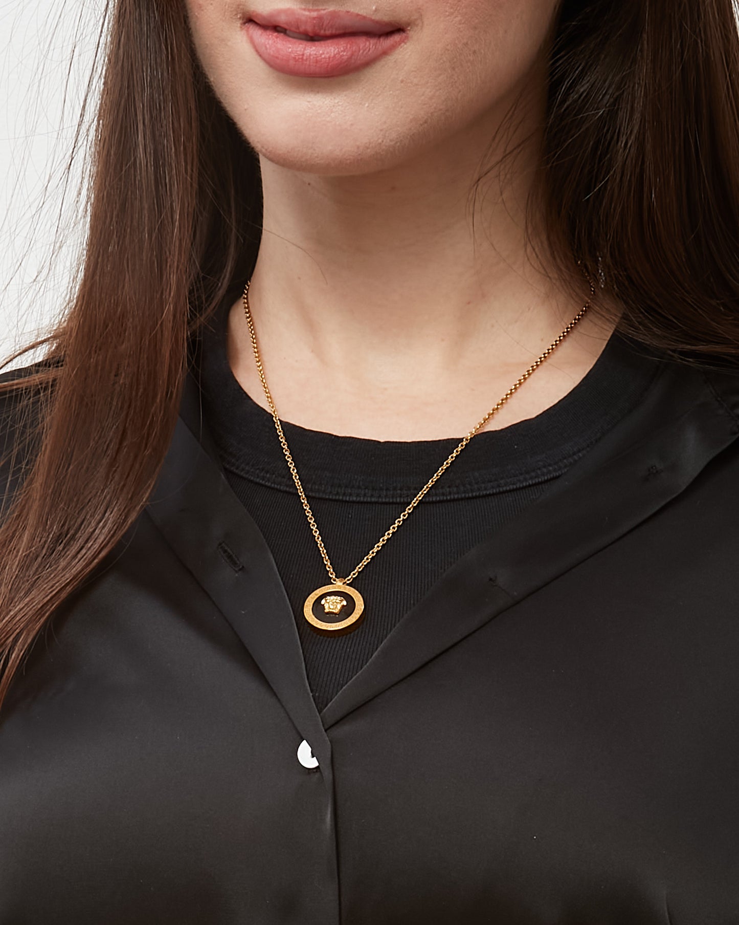 Versace Gold Metal and Black Medusa Head Circle Pendant Necklace