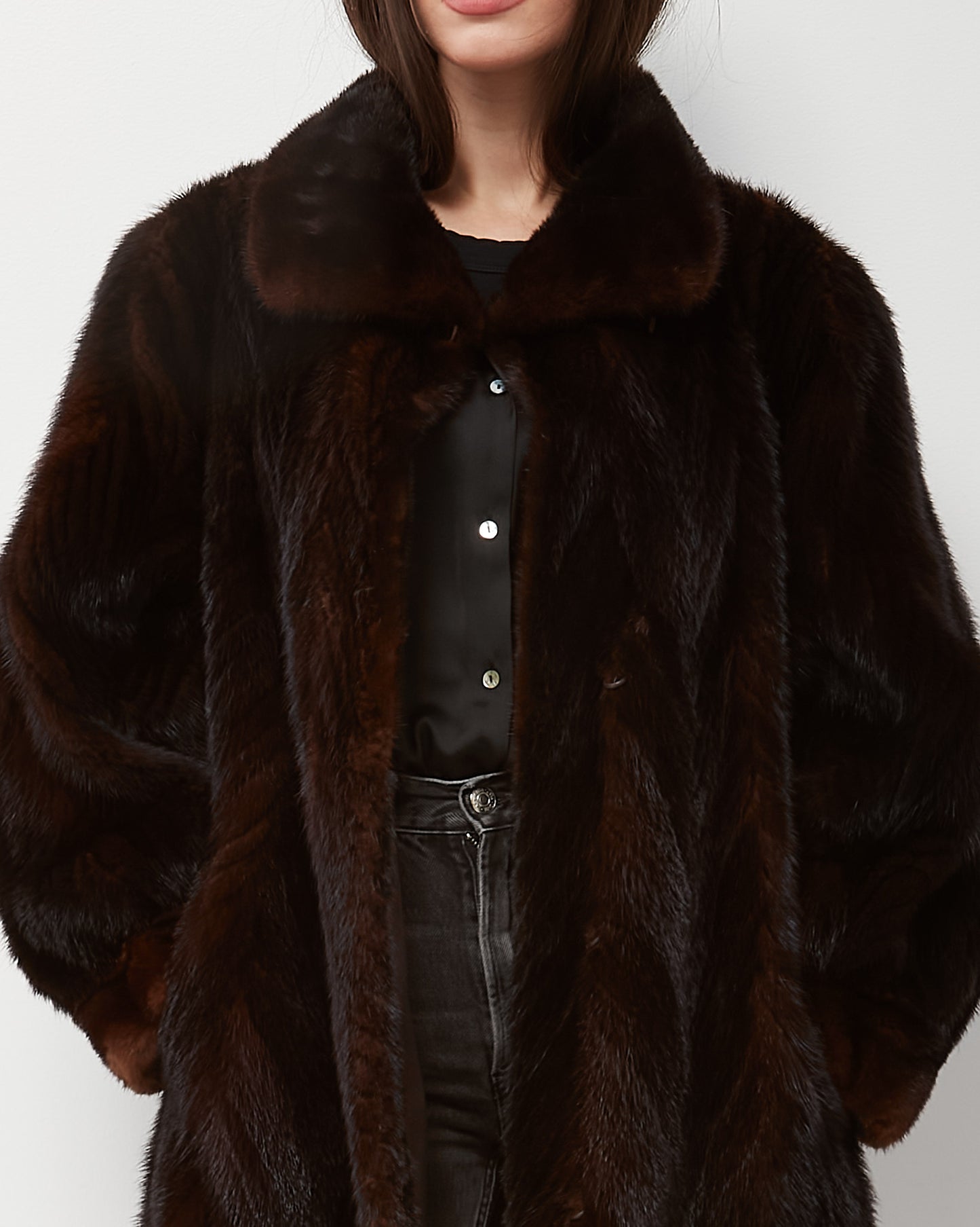 Pre-Owned Brown Chevron Mink Fur Mid-Length Coat - S/M