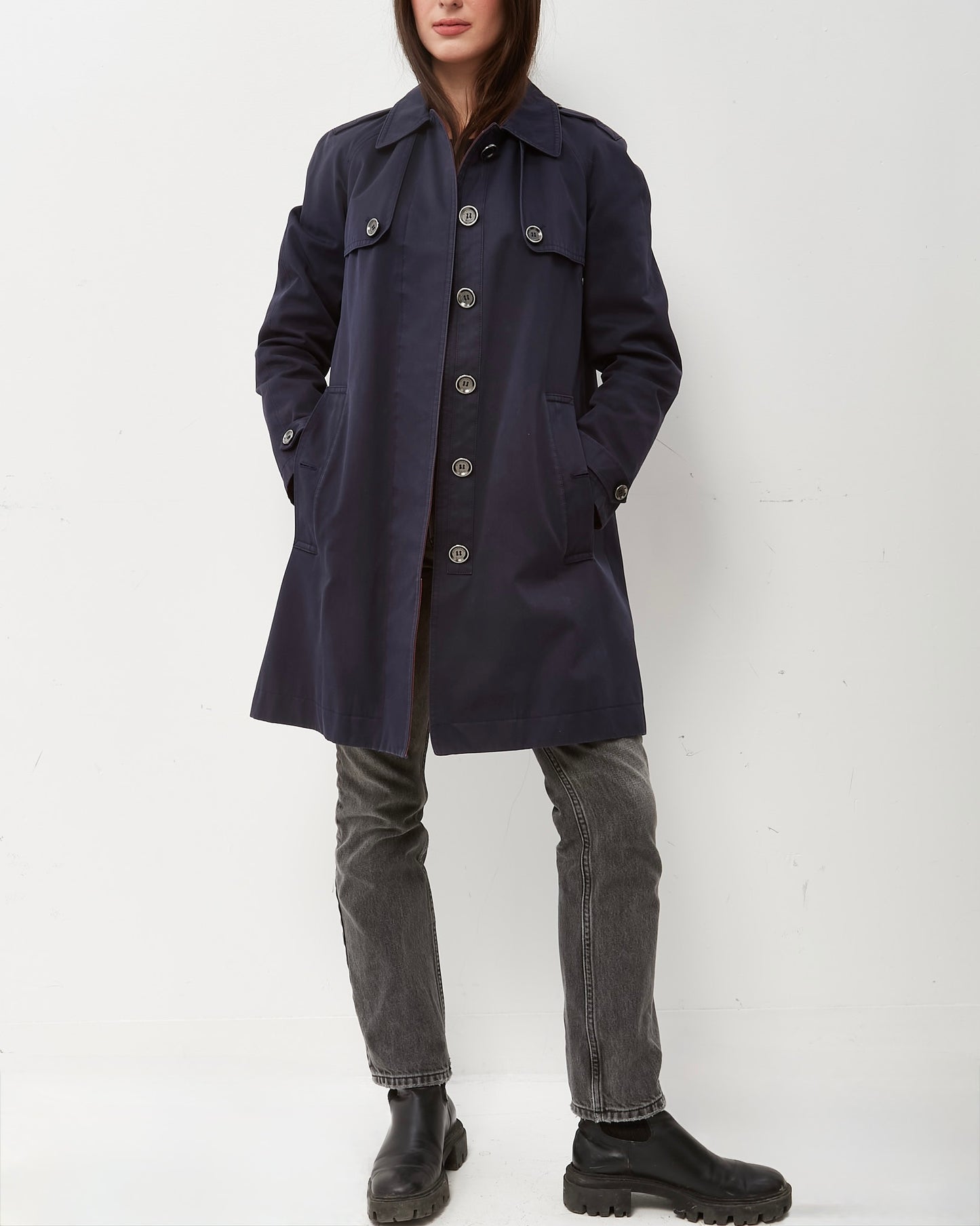 Burberry Navy Cotton Check Lining A-Line Trench Coat - US 4