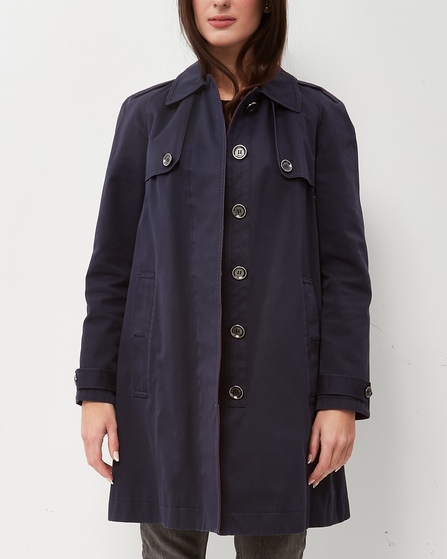 Burberry Navy Cotton Check Lining A-Line Trench Coat - US 4