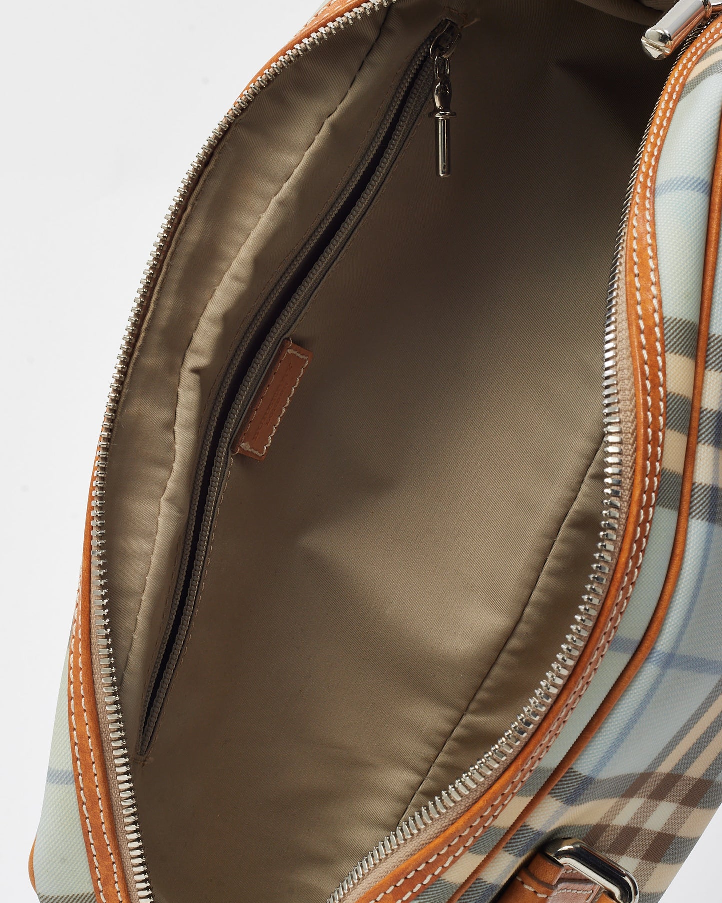 Burberry Vintage Tan Leather and Light Blue House Check Coated Canvas Doctor Bag