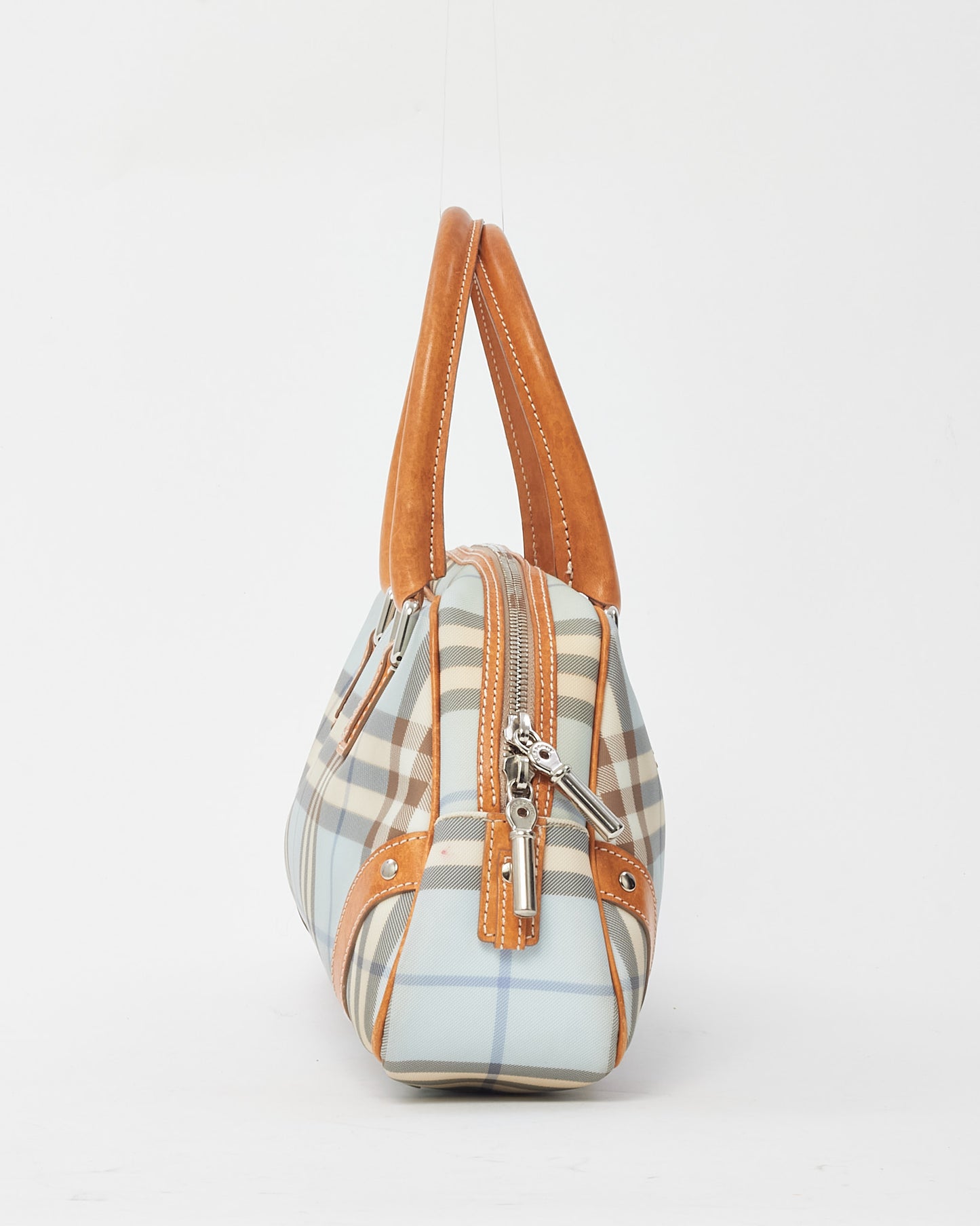 Burberry Vintage Tan Leather and Light Blue House Check Coated Canvas Doctor Bag