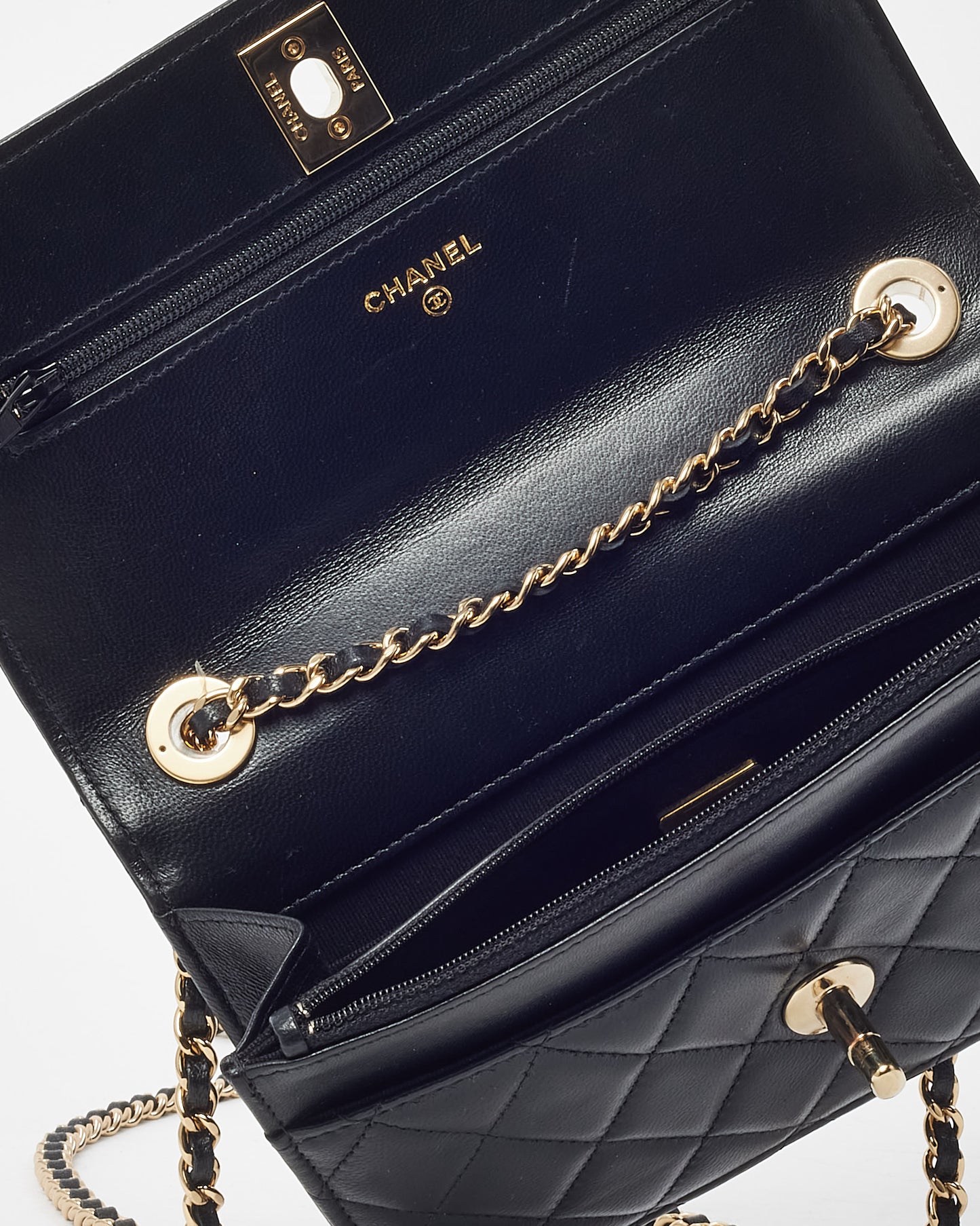 Chanel Black Lambskin Quilted Leather Trendy WOC Wallet on Chain Crossbody Bag GHW