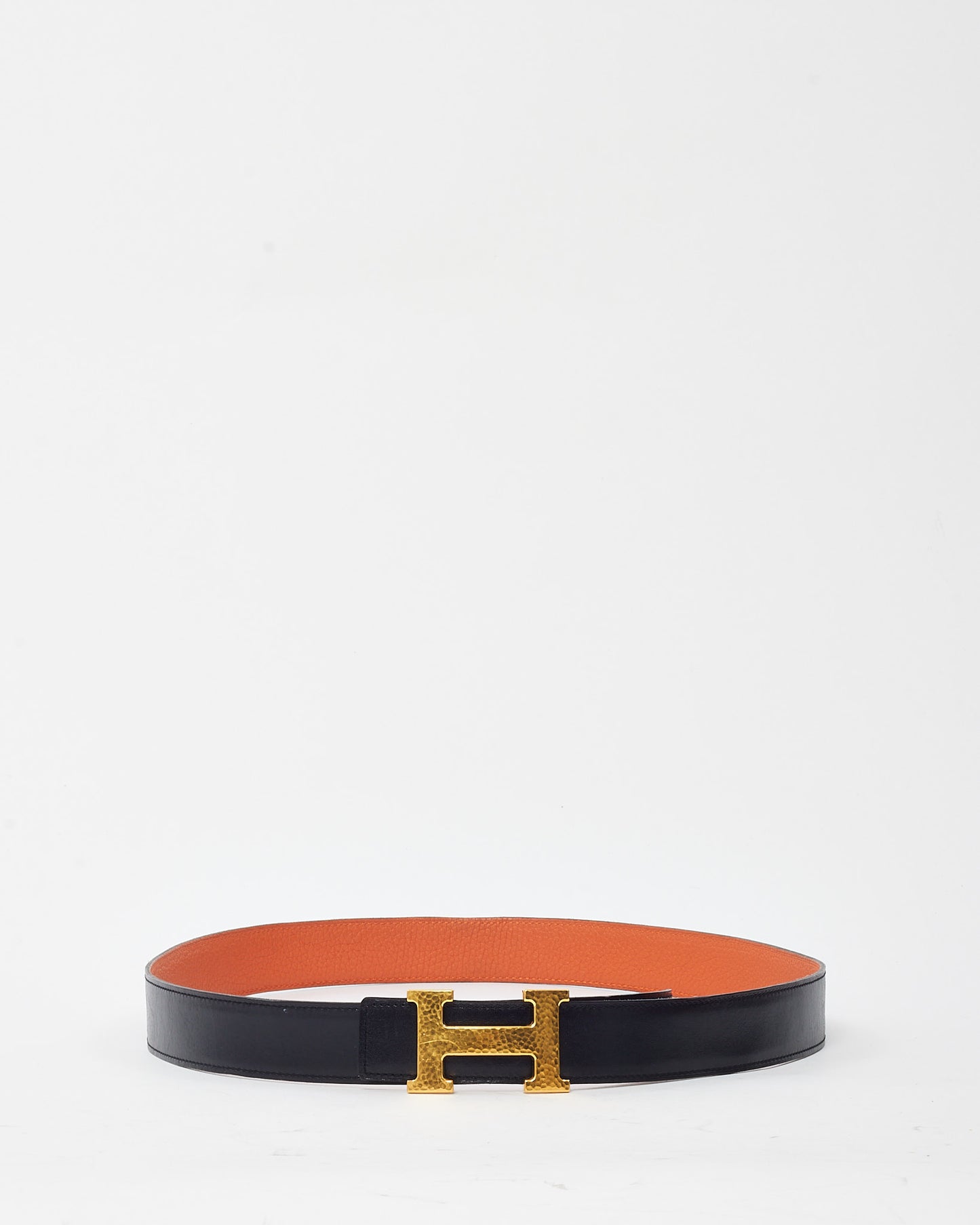 Hermès Orange Togo and Black Swift Leather Reversible 32mm Gold Martele H Belt - 100