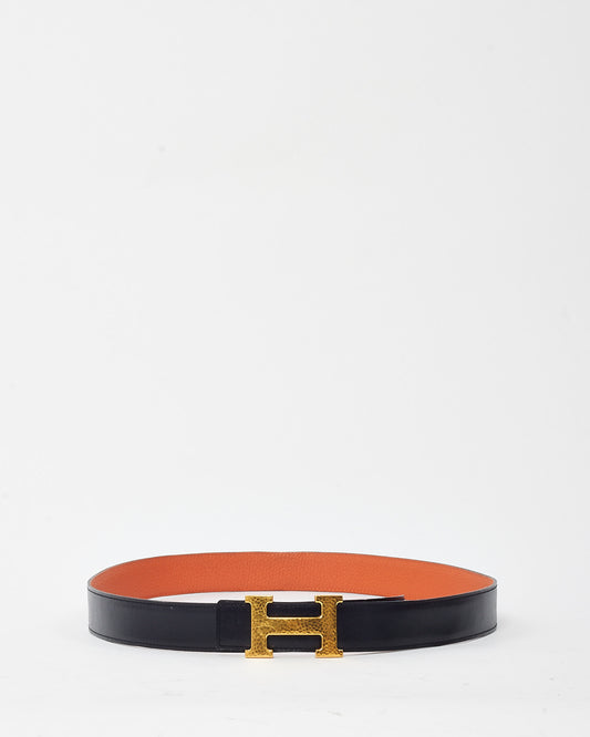 Hermès Orange Togo and Black Swift Leather Reversible 32mm Gold Martele H Belt - 100