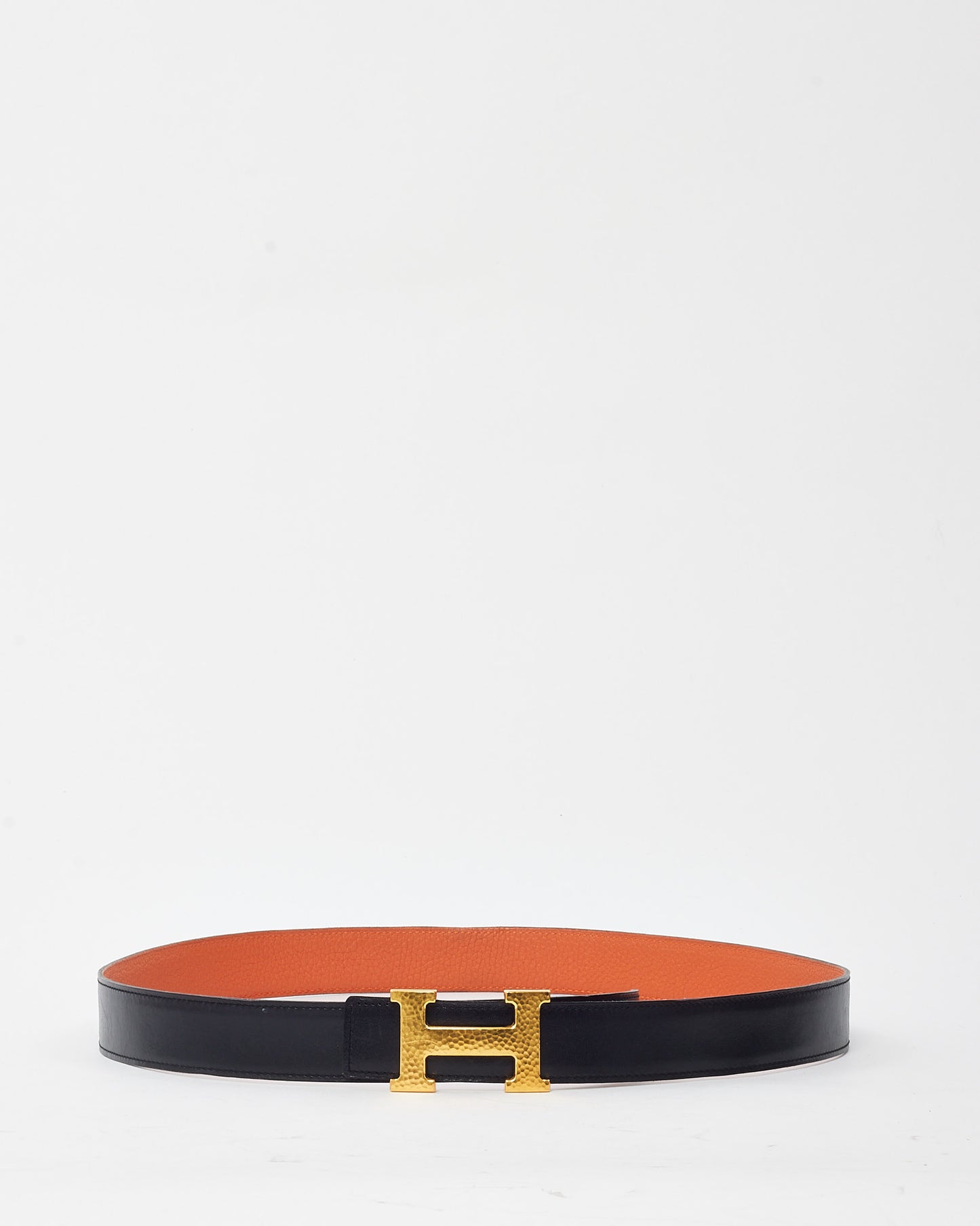 Hermès Orange Togo and Black Swift Leather Reversible 32mm Gold Martele H Belt - 100