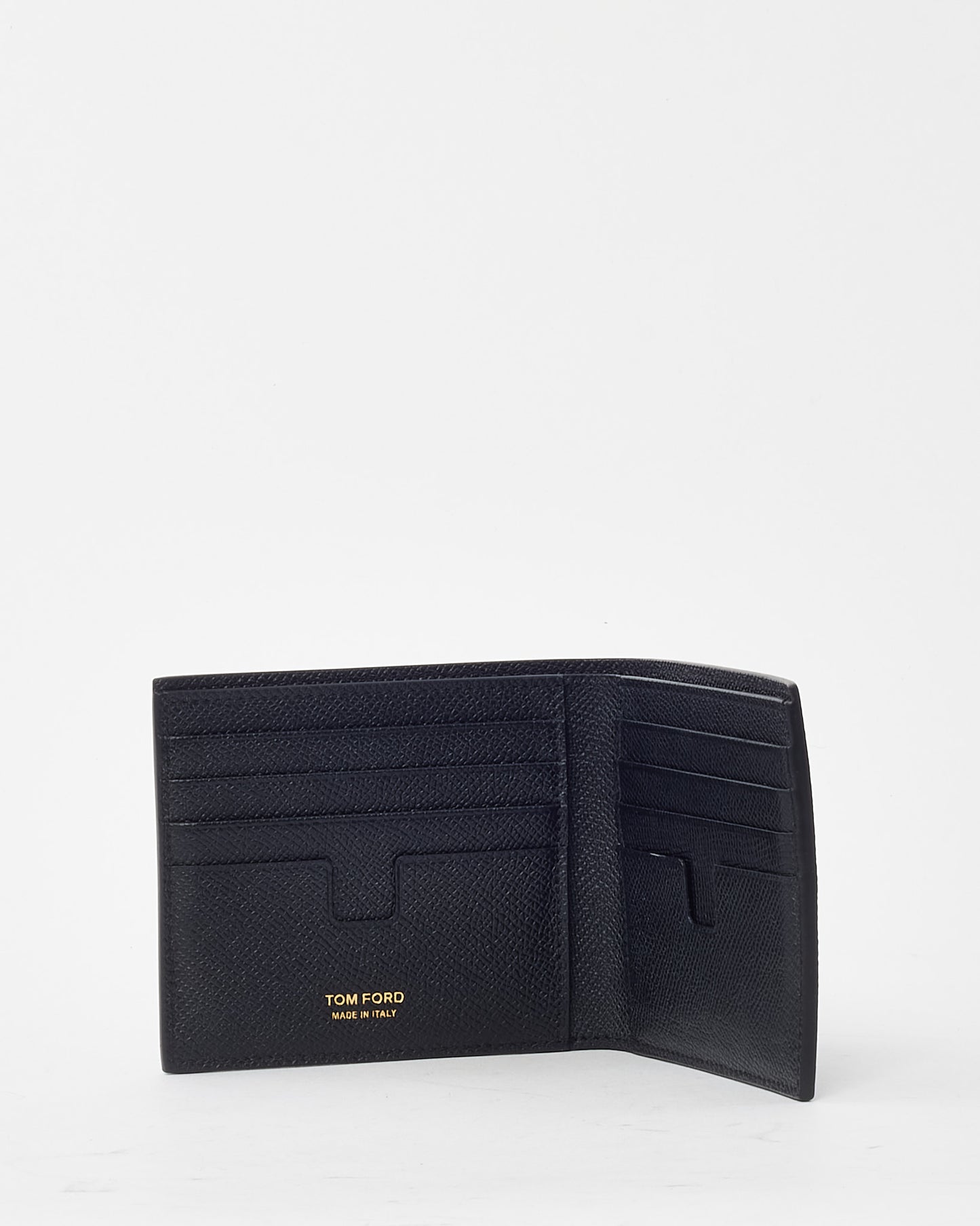 Tom Ford Black Grained Leather Small TF Logo Bi-Fold Wallet