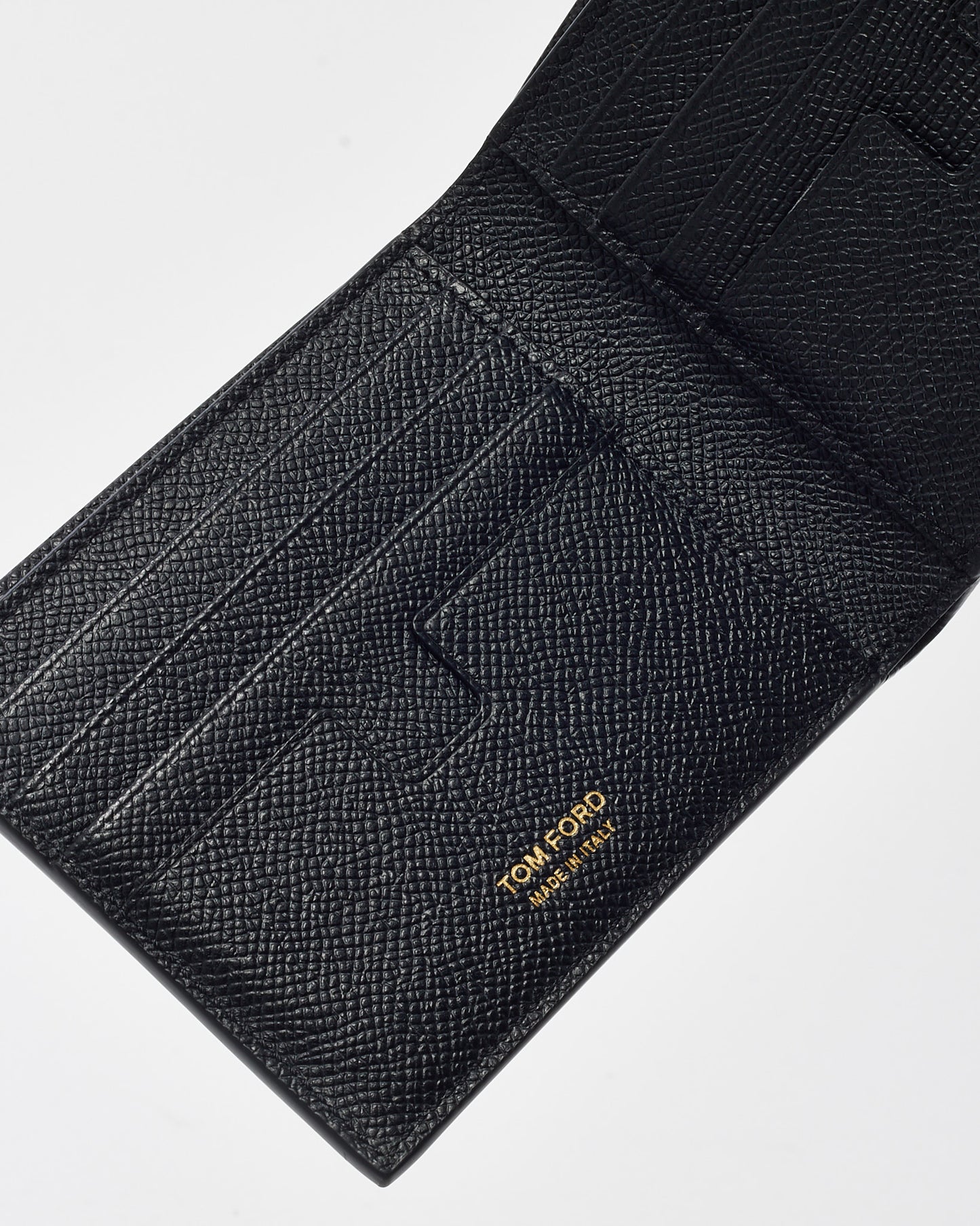 Tom Ford Black Grained Leather Small TF Logo Bi-Fold Wallet