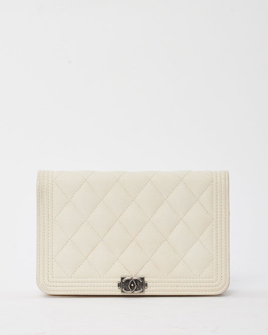 Chanel White Caviar Leather Boy WOC Wallet on Chain Crossbody Bag SHW