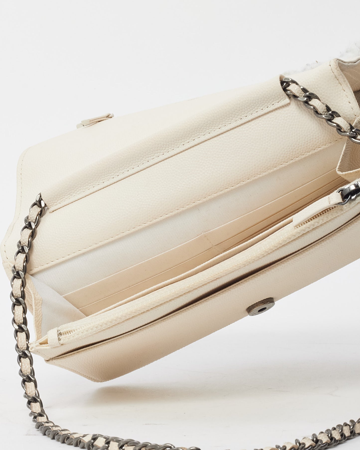 Chanel White Caviar Leather Boy WOC Wallet on Chain Crossbody Bag SHW