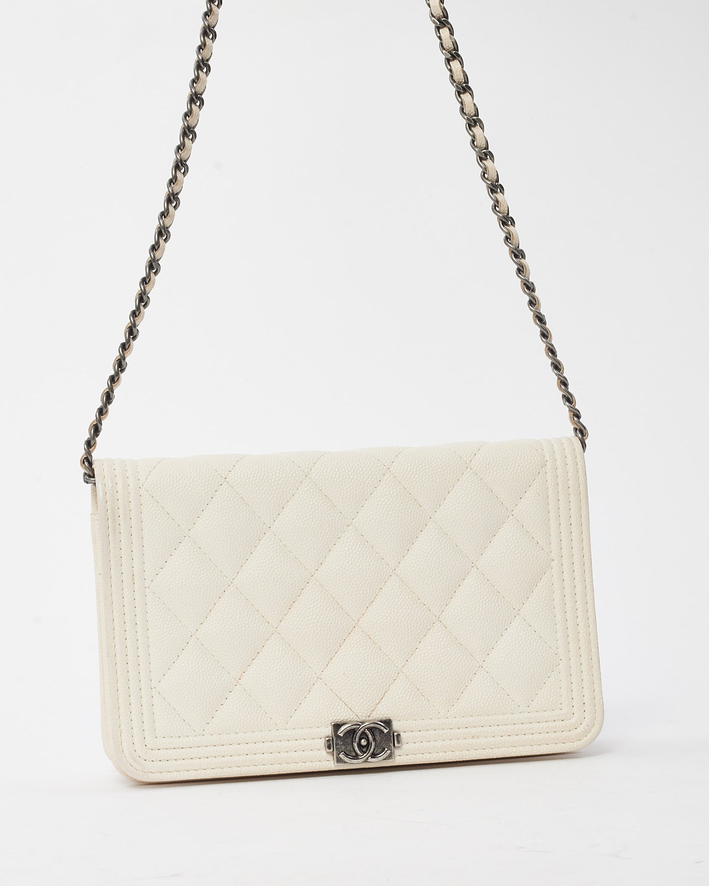 Chanel White Caviar Leather Boy WOC Wallet on Chain Crossbody Bag SHW