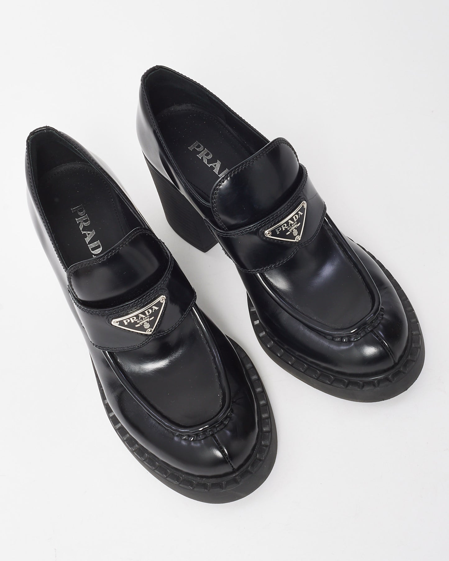 Prada Black Spazzolato Leather Metal Triangle Logo 85mm Heeled Loafers - 41