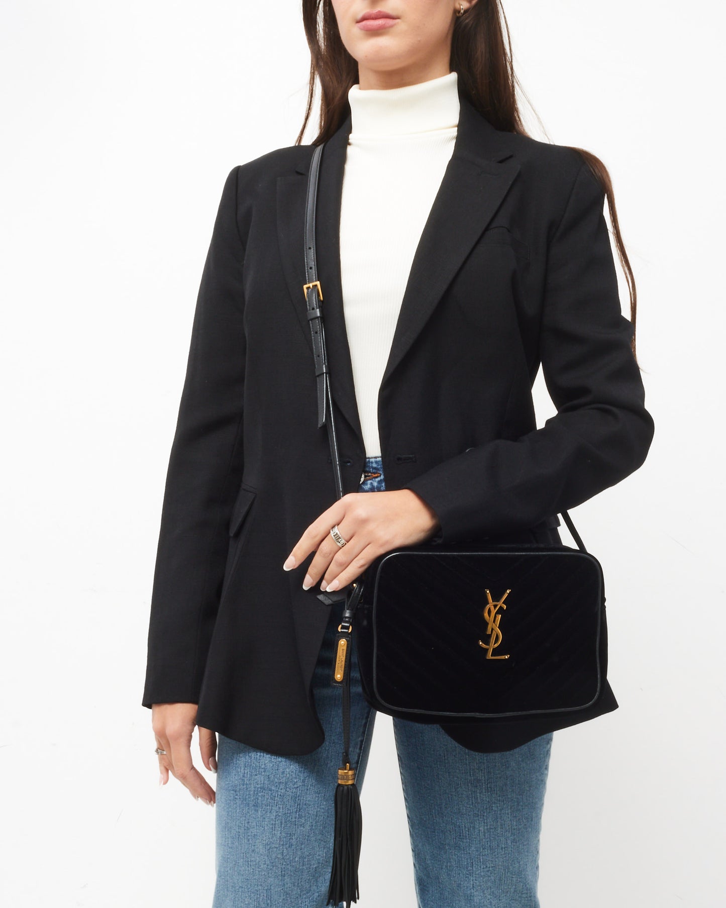 Saint Laurent Black Chevron Velvet YSL Lou Tassel Camera Crossbody Bag