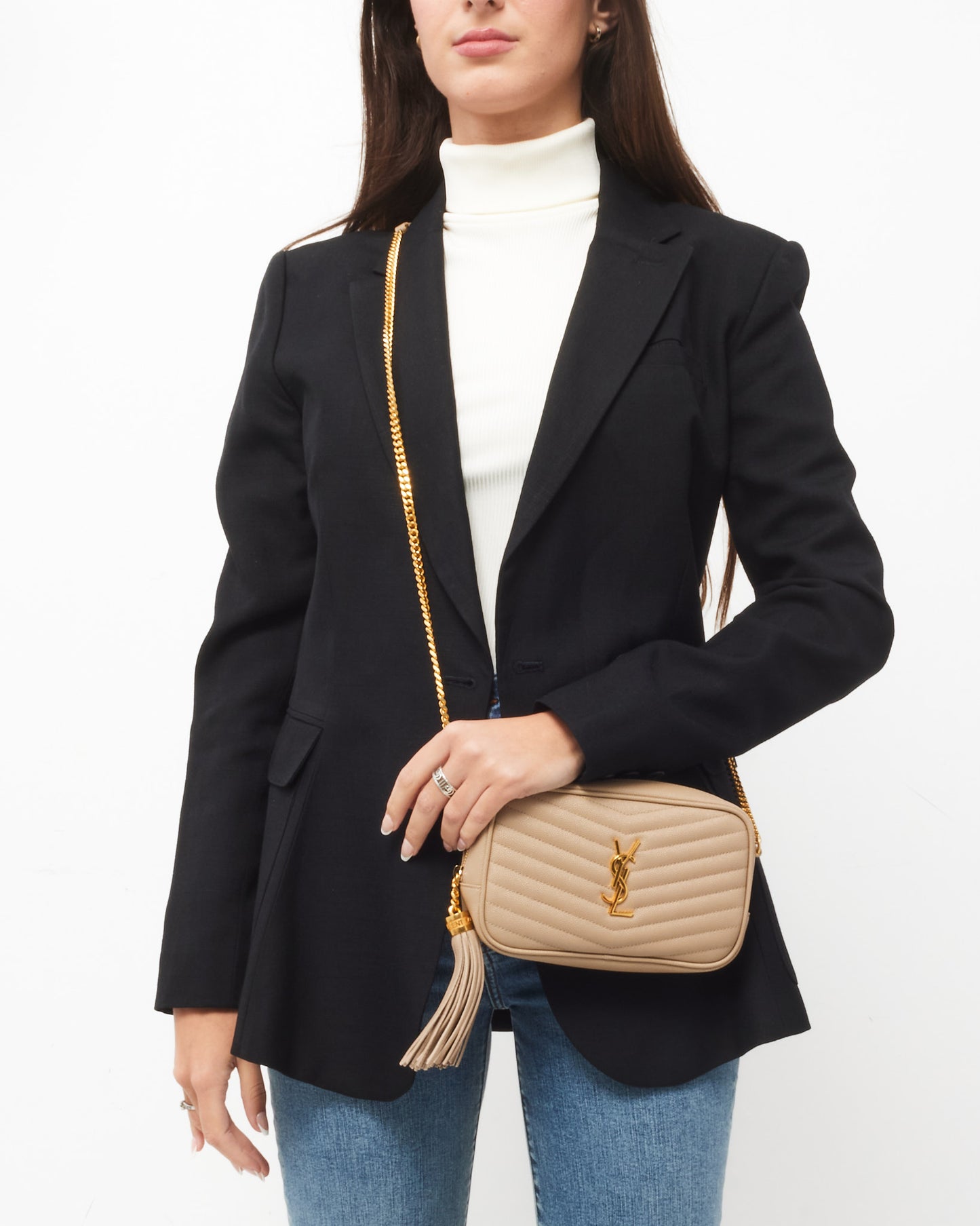 Saint Laurent Beige Chevron Grain De Poudre YSL Mini Lou Chain Crossbody Bag