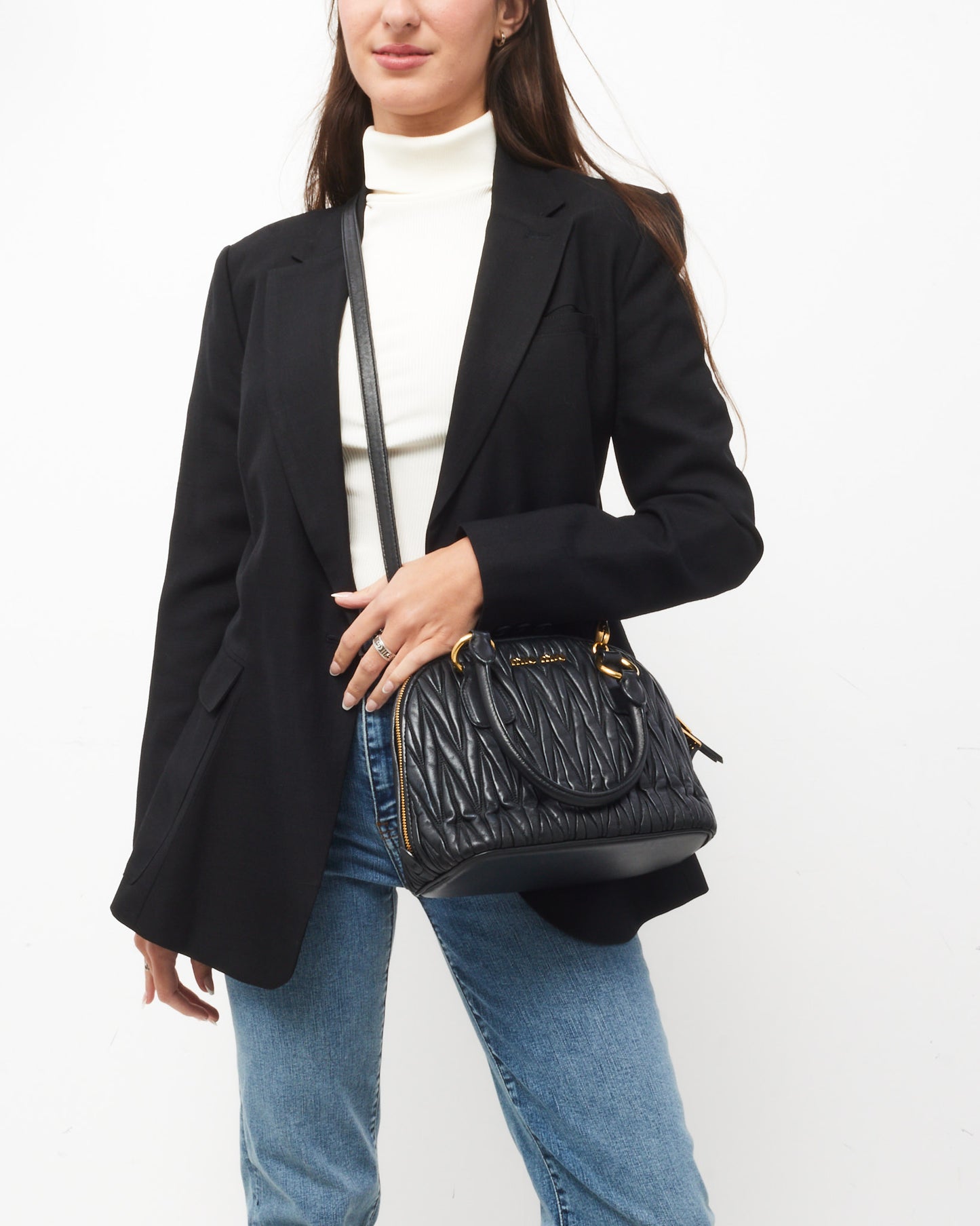 Miu Miu Black Gaufre Leather Top Handle Bowler Bag with Strap