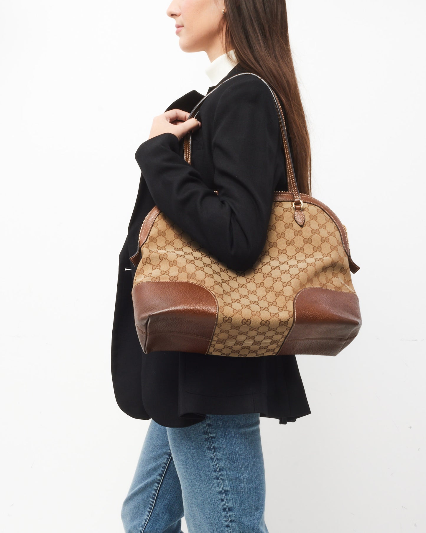 Gucci Tan Leather Beige and Ebony GG Monogram Canvas Medium Bree Shoulder Bag