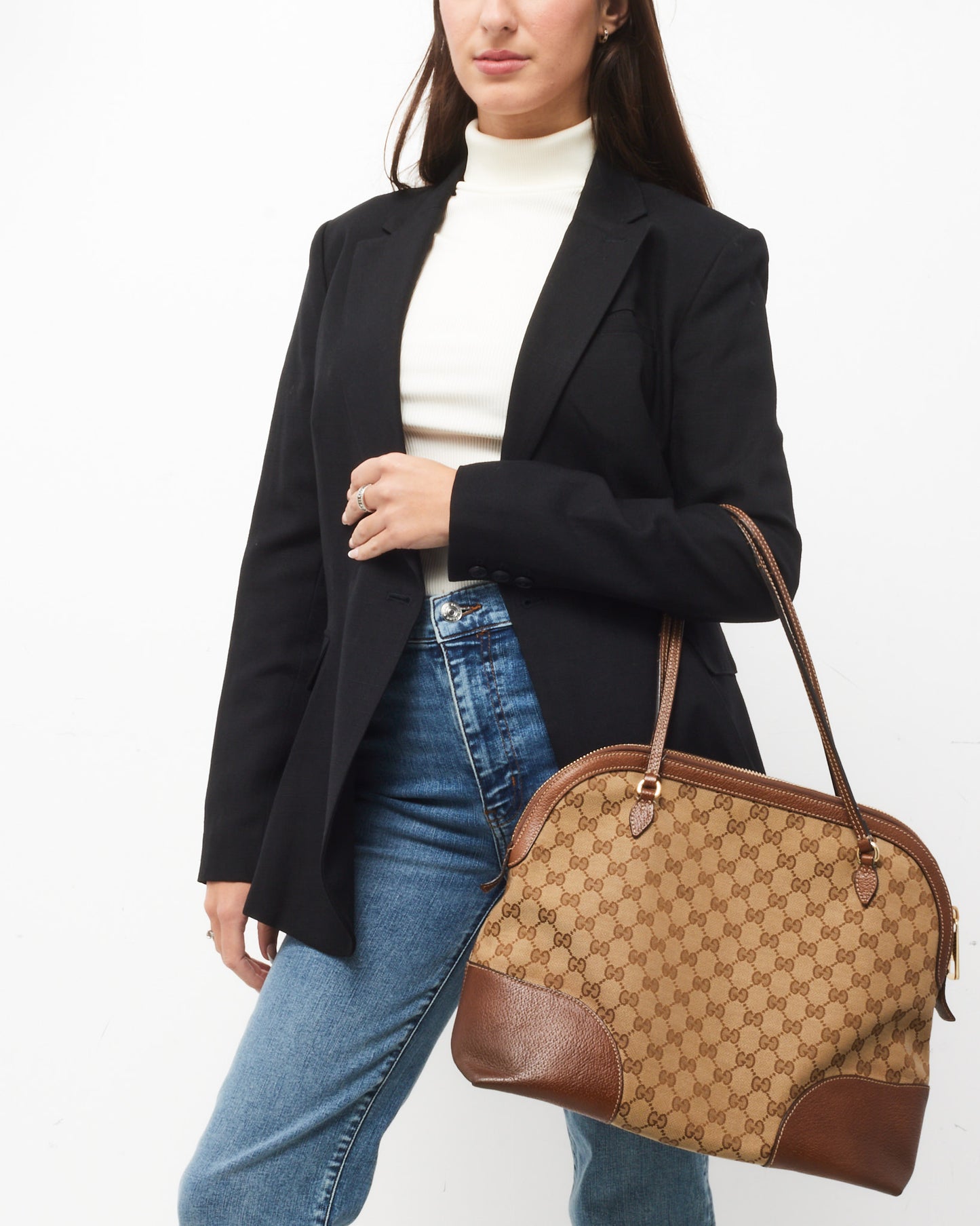 Gucci Tan Leather Beige and Ebony GG Monogram Canvas Medium Bree Shoulder Bag