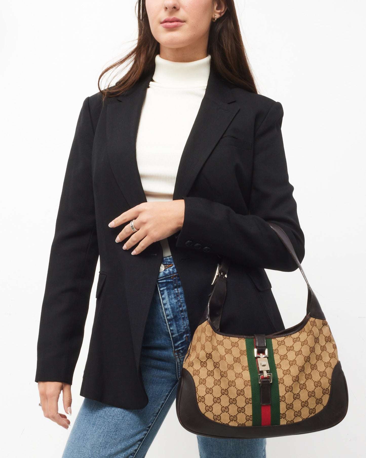 Gucci Vintage Brown Leather and Beige GG Monogram Canvas Web Jackie Shoulder Bag