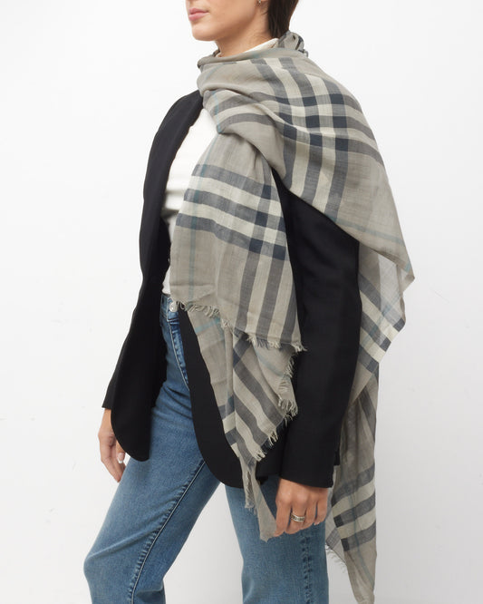 Burberry Grey Check Cotton and Silk Blend Scarf